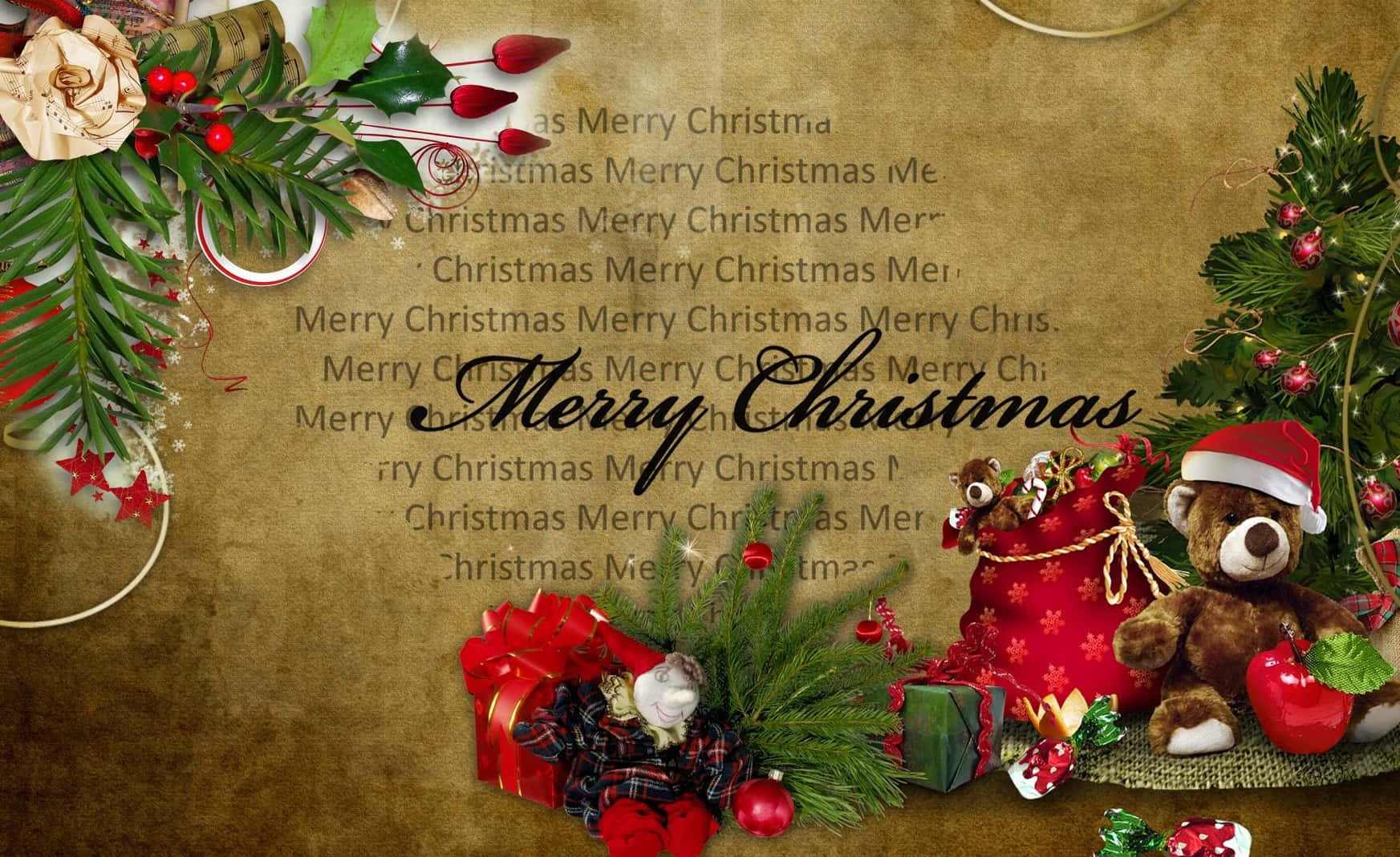 Vintage Christmas 桌布 壁紙 — 一個節日聖誕壁紙，上面有一隻戴聖誕帽的泰迪熊、松樹枝、紅色裝飾品，以及在紋理羊皮紙上的「Merry Christmas」字樣。