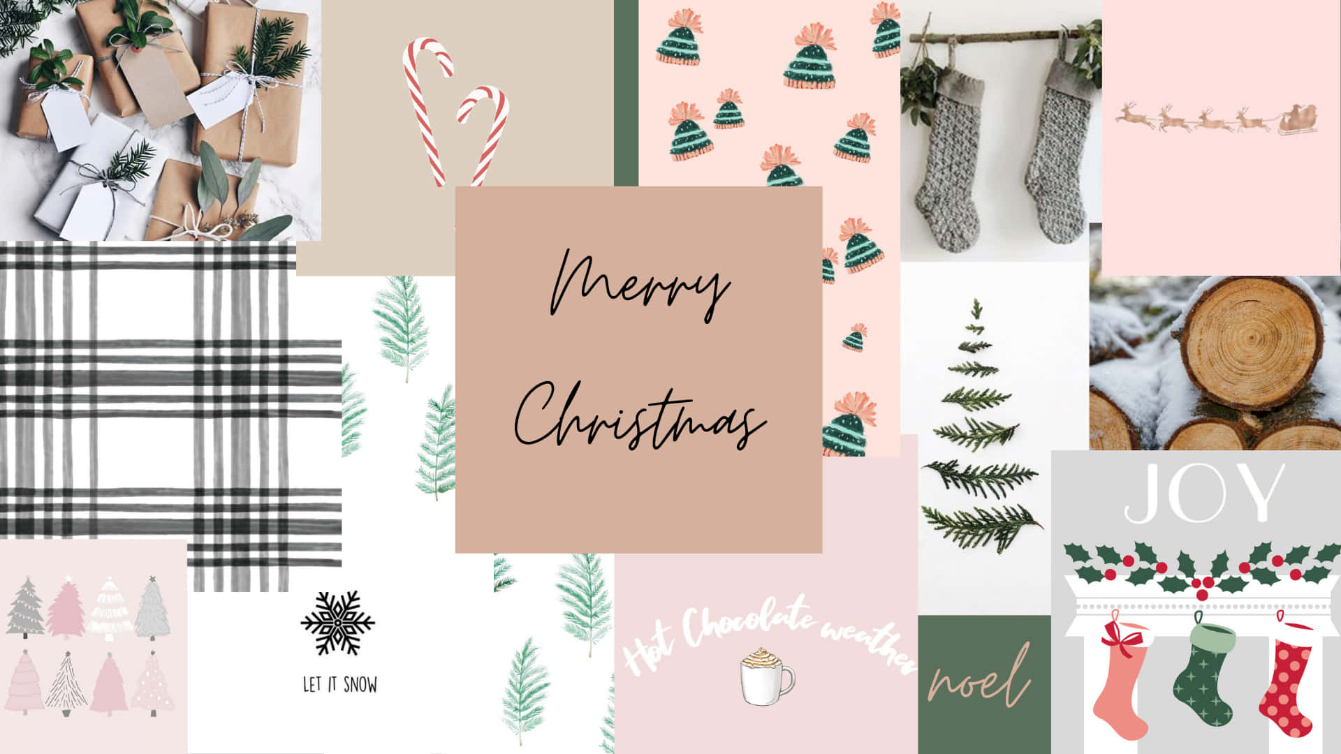 Christmas Mac Aesthetic 桌布 壁紙 — 一個節日聖誕拼貼，包含包裝好的禮物、拐杖糖、聖誕襪、松樹枝和柔和粉彩色的溫馨節日文字。