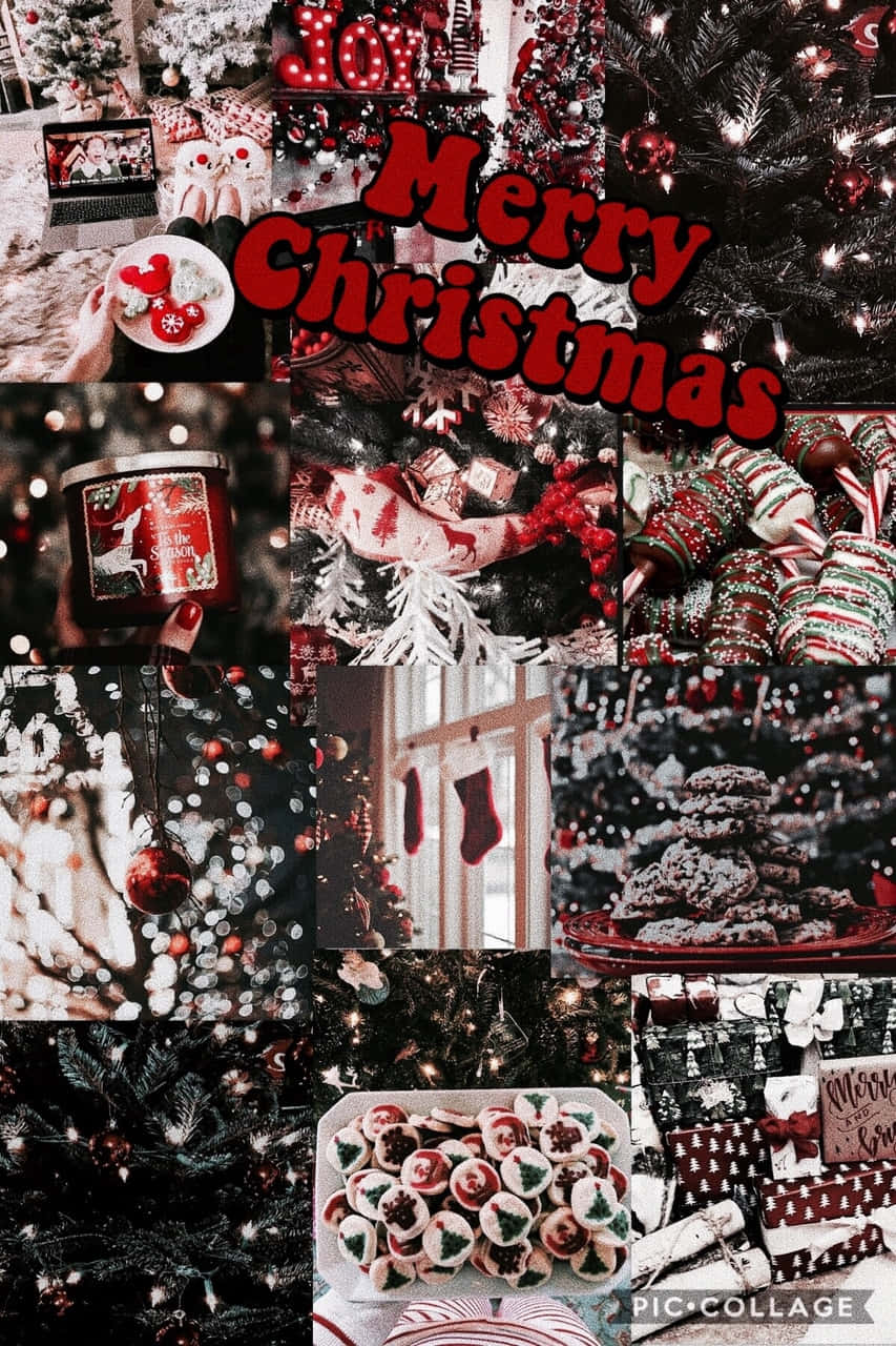Red Christmas 桌布 壁紙 — 一個節日聖誕拼貼，包含裝飾樹、餅乾、禮物和節日美食，以豐富的紅色、白色和綠色呈現。