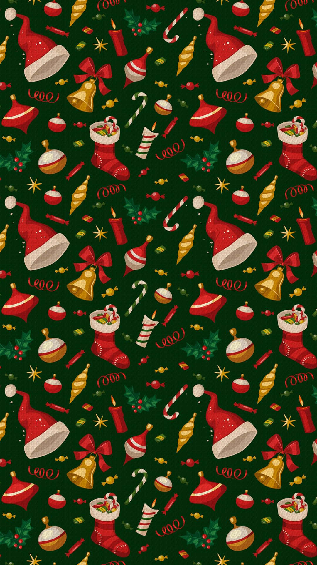 Christmas Pattern 桌布 壁紙 — 一個節日聖誕桌布圖案，在深綠色背景上有紅色帽子、糖果杖和襪子。