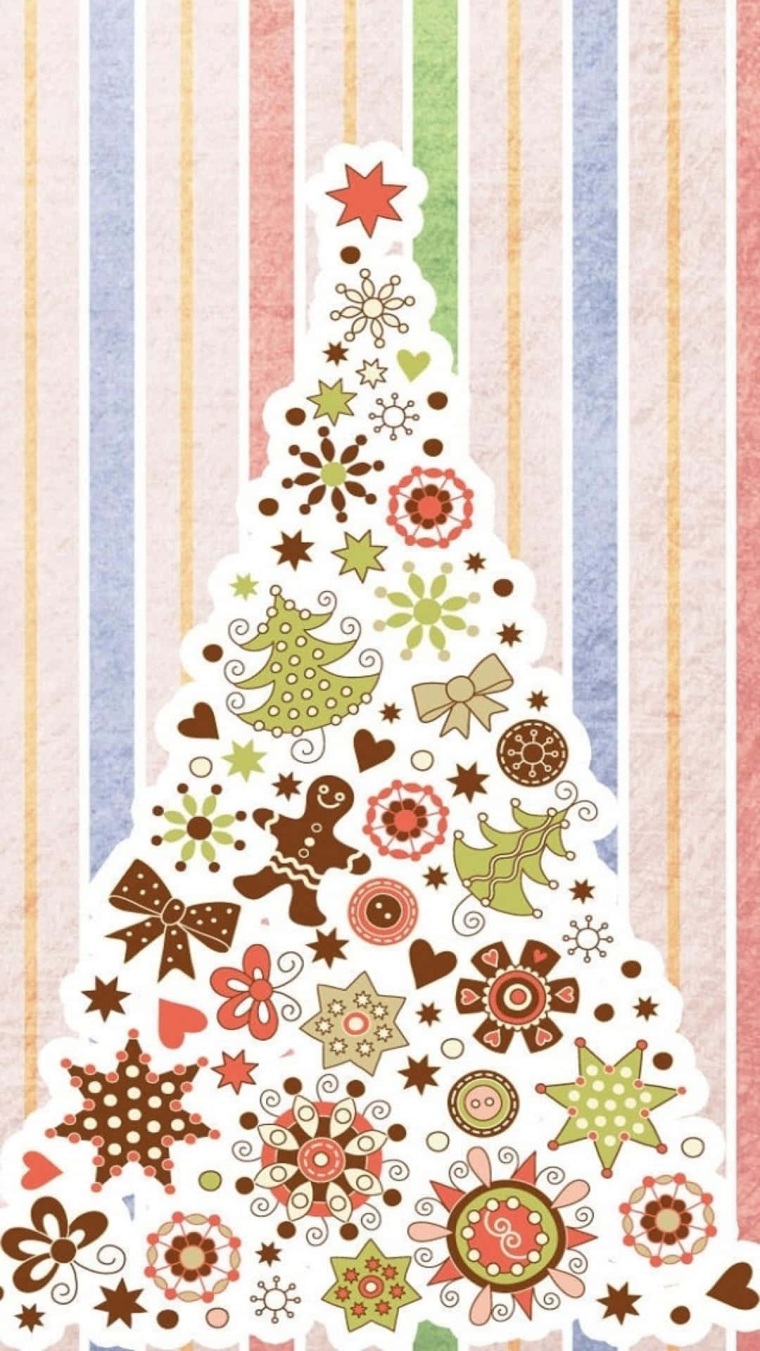 Christmas Pattern 桌布 壁紙 — 一個節日聖誕樹剪影，充滿了色彩繽紛的裝飾品、蝴蝶結和薑餅人，背景為條紋。