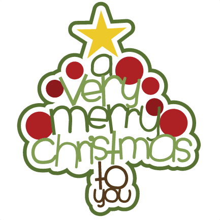 Christmas Clip Art 桌布 壁紙 — 一個節日聖誕樹形狀的圖形，帶有紅色裝飾品和頂部的黃色星星，顯示綠色和棕色的文字「a very merry christmas to you」。