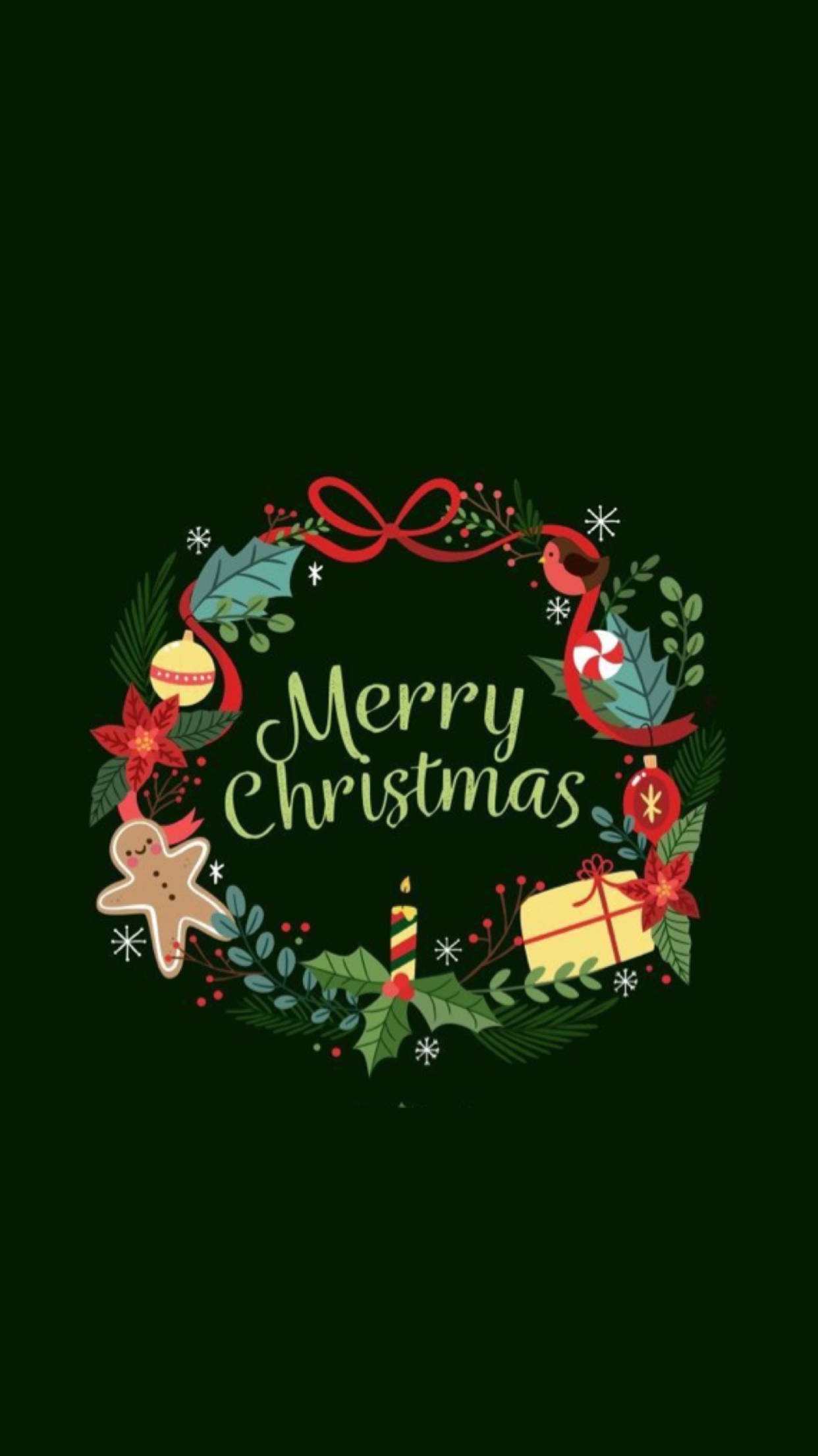 Preppy Christmas 桌布 壁紙 — 一個節日聖誕花環，帶有冬青漿果、紅色蝴蝶結、薑餅人和禮物，背景為深綠色。