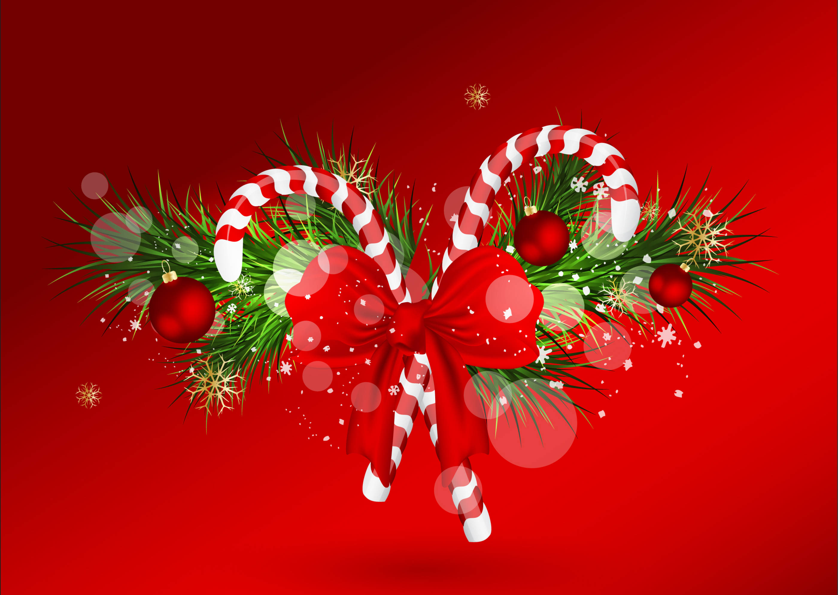 Candy Cane 桌布 壁紙 — 一個節日花環，上面有拐杖糖、紅色裝飾品和綠色松樹枝，並飾有一個大紅色蝴蝶結，背景是鮮豔的紅色。