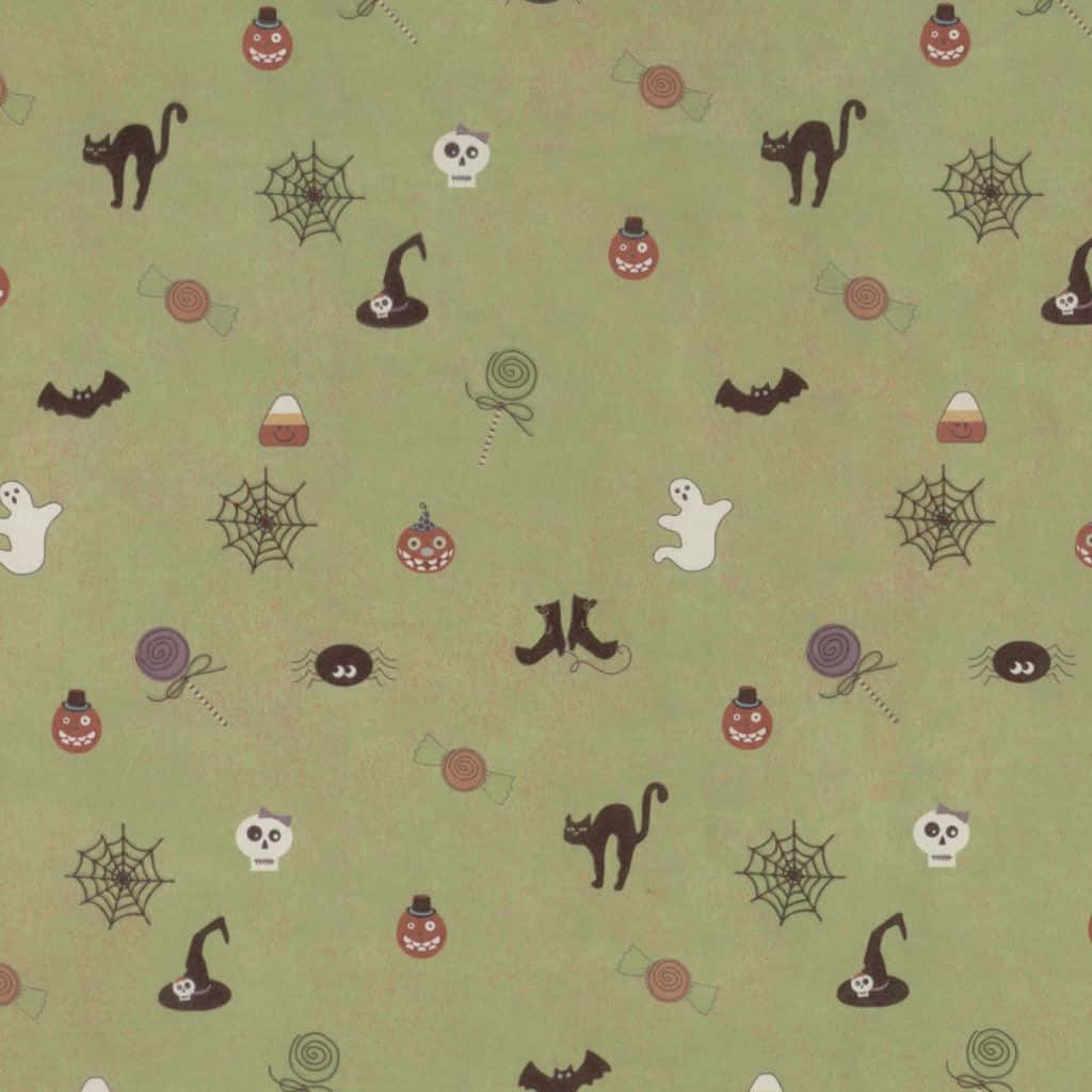 Spider Web 桌布 壁紙 — 一個節日萬聖節圖案，包含黑貓、鬼魂、南瓜和糖果，背景為柔和的綠色。