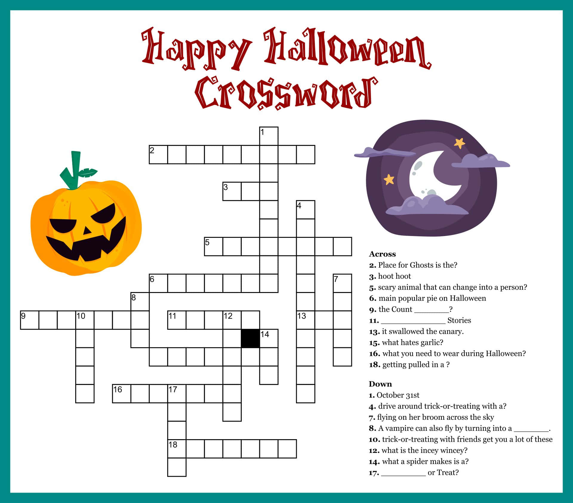 Halloween Puzzles 桌布 壁紙 — 一個節日萬聖節填字遊戲，配有傑克南瓜燈和新月插圖。