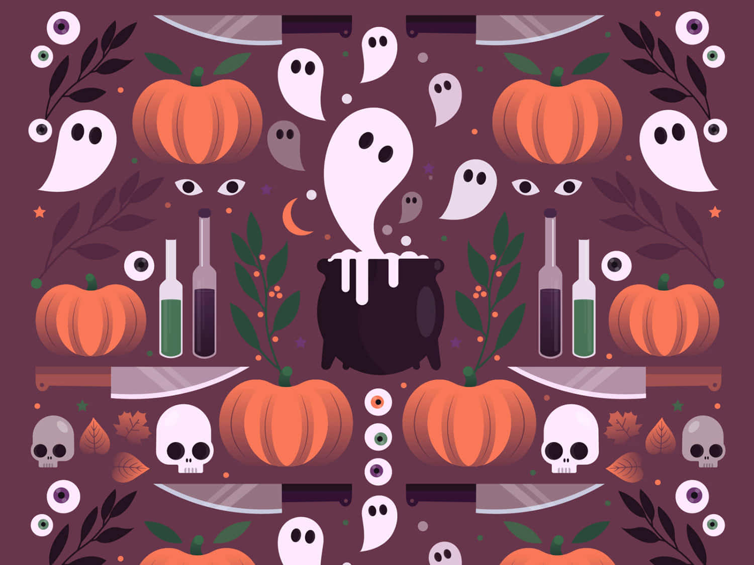 Beautiful Halloween 桌布 壁紙 — 一個節日萬聖節桌布，南瓜、鬼魂、骷髏頭和刀子圍繞著一個冒泡的大鍋，背景是深紫色。