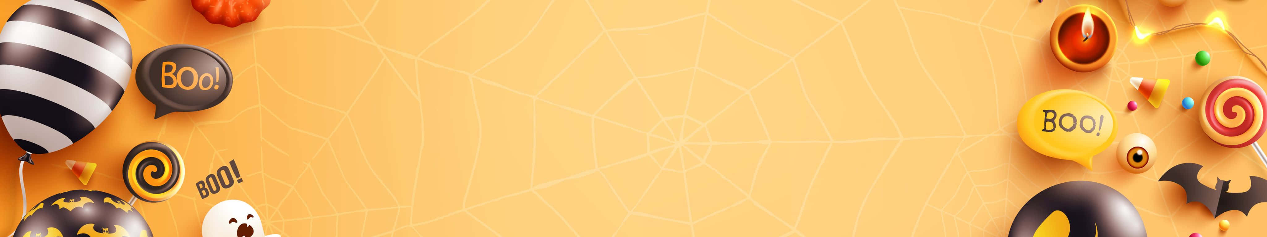 4098x768 桌布 壁紙 — 一個節日萬聖節橫幅，在溫暖的橙色背景上有糖果蝙蝠、鬼魂和蜘蛛網。