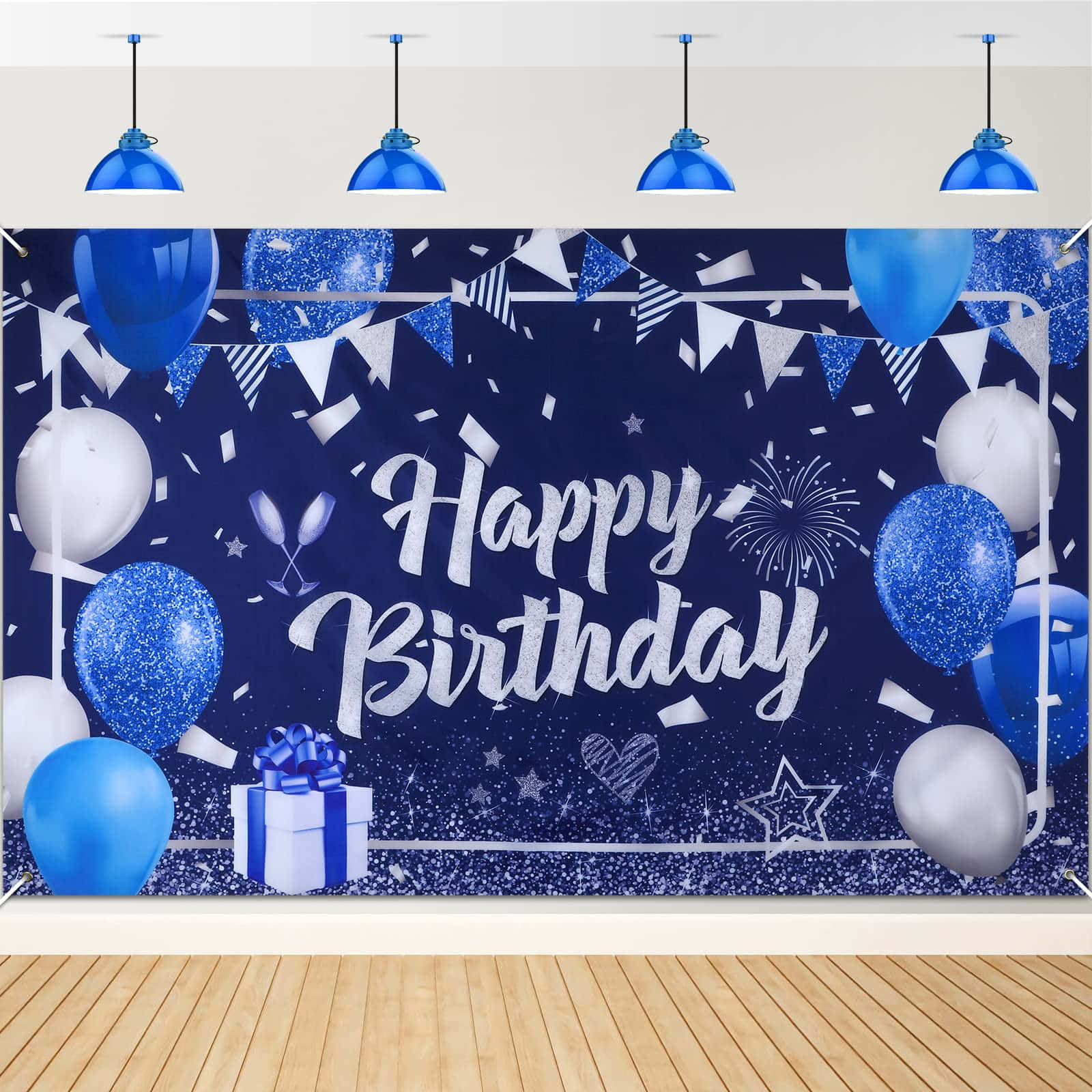 Blue Birthday 桌布 壁紙 — 一個節日藍白色生日背景，有氣球、五彩紙屑和掛在吊燈下的禮物盒。
