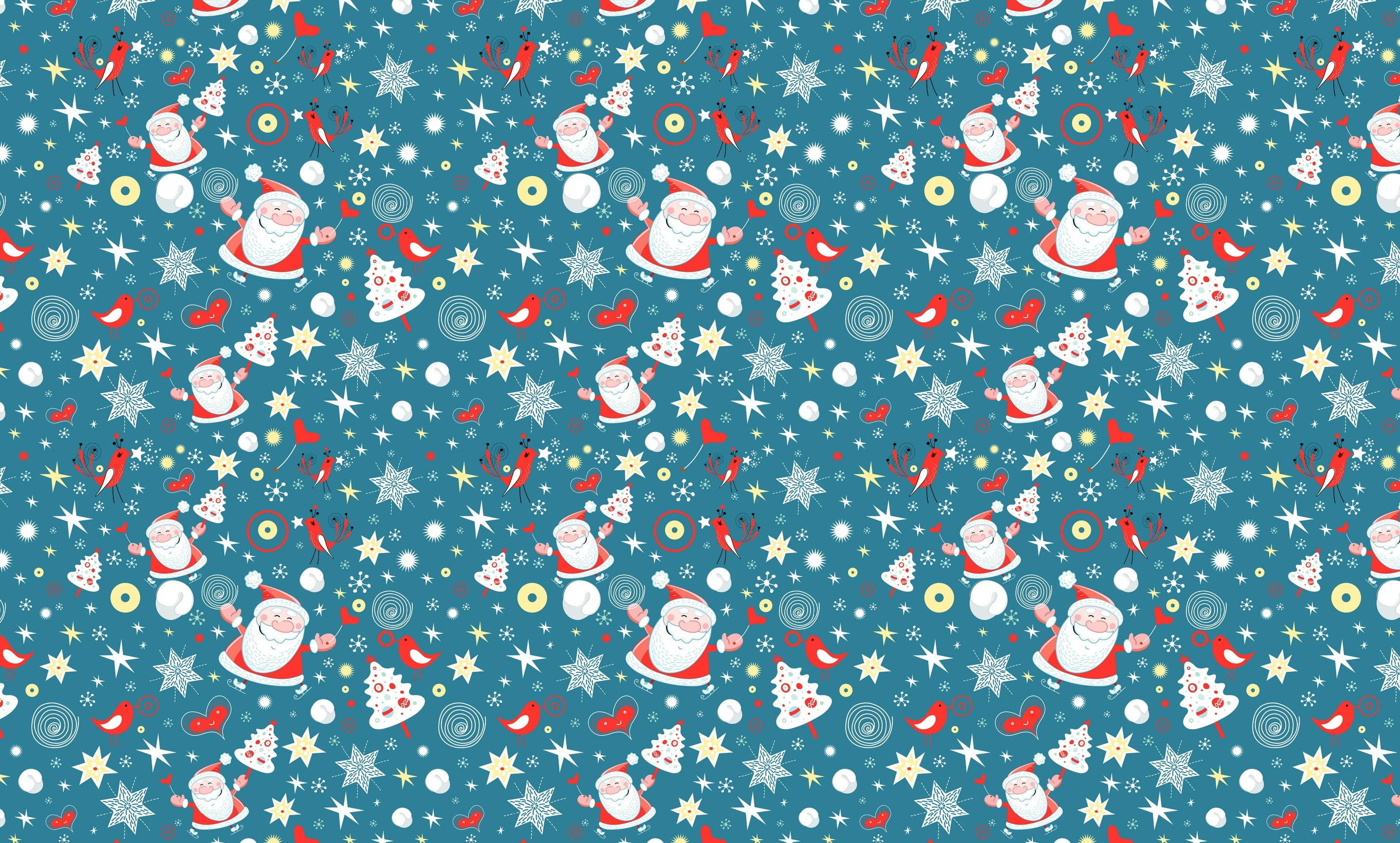 Cute Winter 桌布 壁紙 — 一個節日藍色壁紙圖案，重複出現快樂的聖誕老人形象，周圍環繞著星星、雪花和紅鳥。