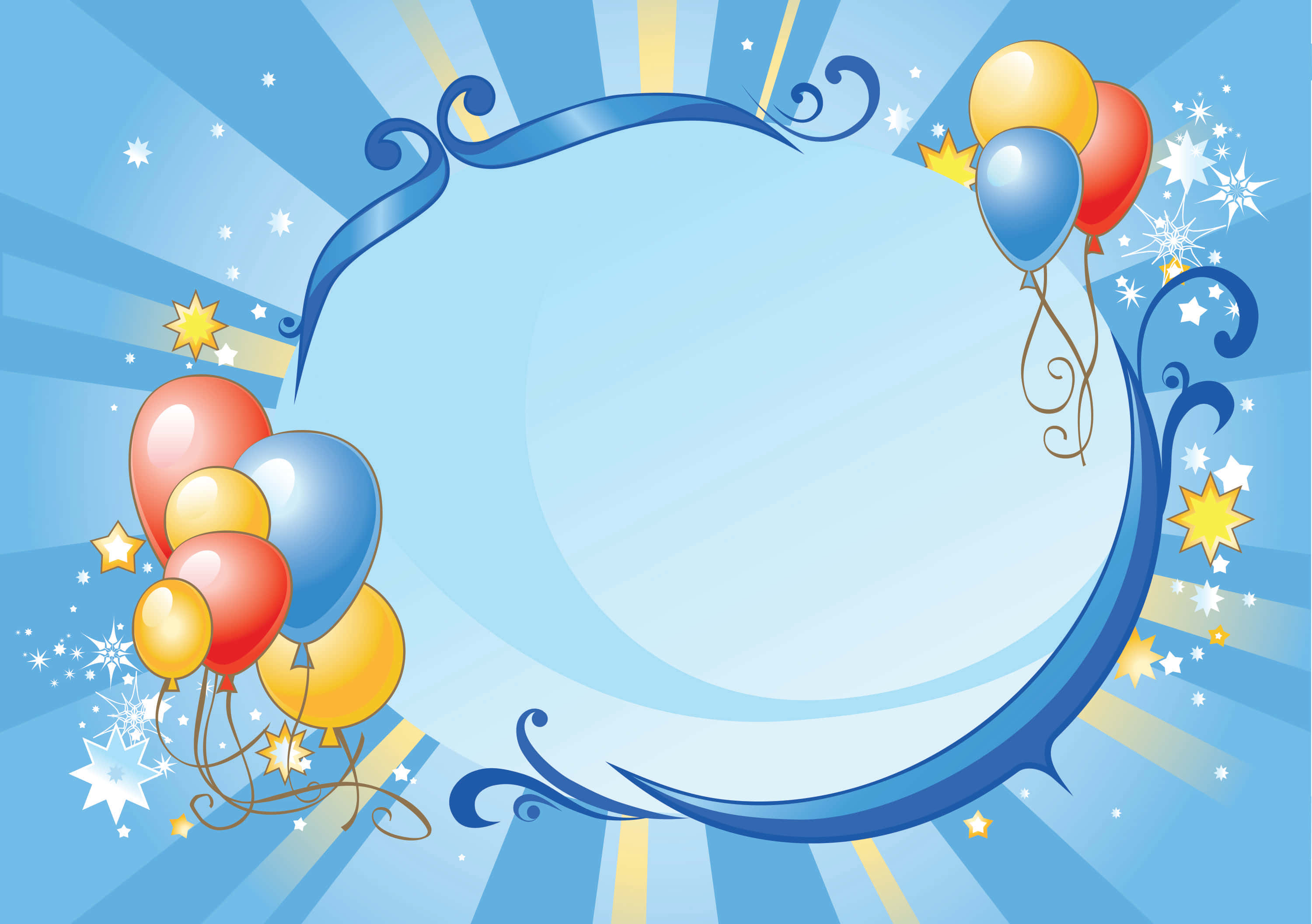 Celebration 桌布 壁紙 — 一個節日藍色框架，裝飾著彩色氣球和星星，在充滿活力的天空背景下散發著喜悅。