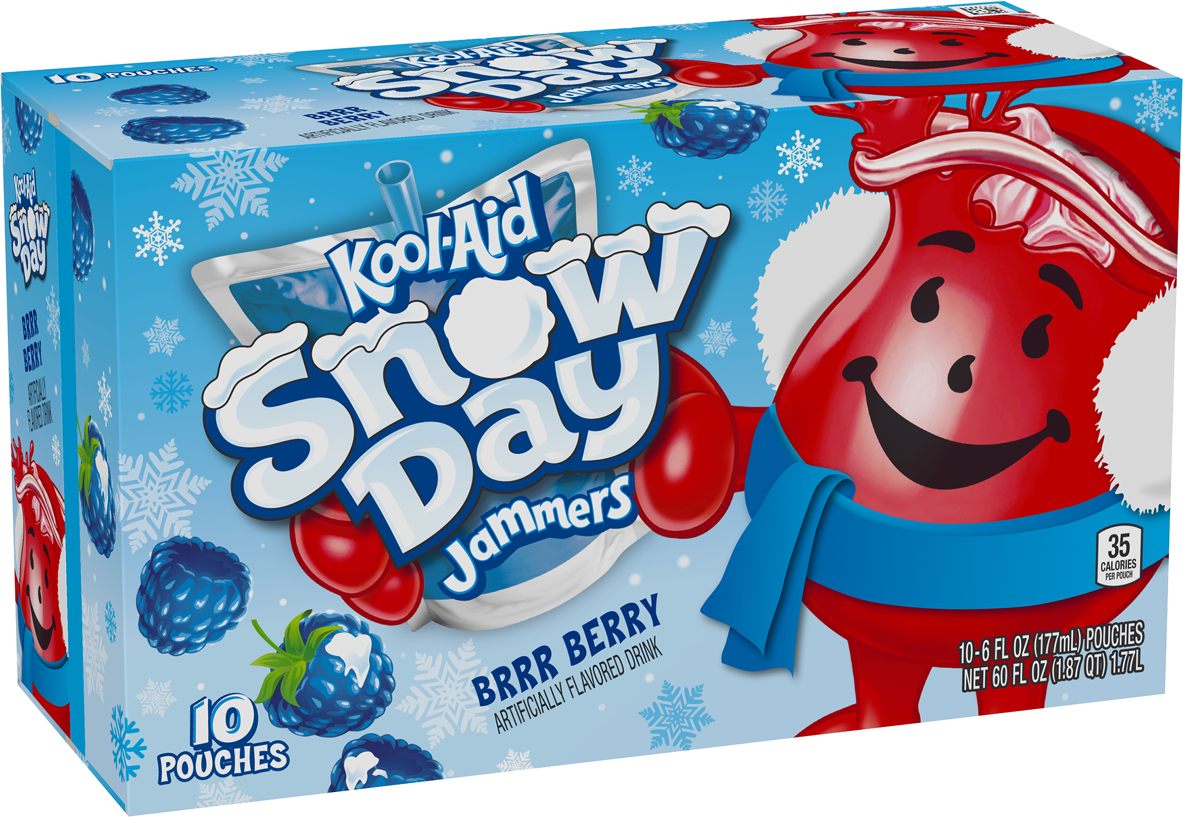 Kool Aid Man 桌布 壁紙 — 一個節日藍色盒子，內有Kool-Aid Snow Day Jammers BRRR Berry飲料包，上面有一個戴著冬帽和圍巾的開心紅色吉祥物。