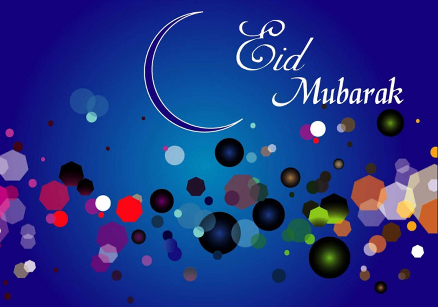 伊斯蘭 桌布 壁紙 — 一個節日藍色背景，帶有新月和Eid Mubarak文字，周圍環繞著彩色幾何散景形狀。