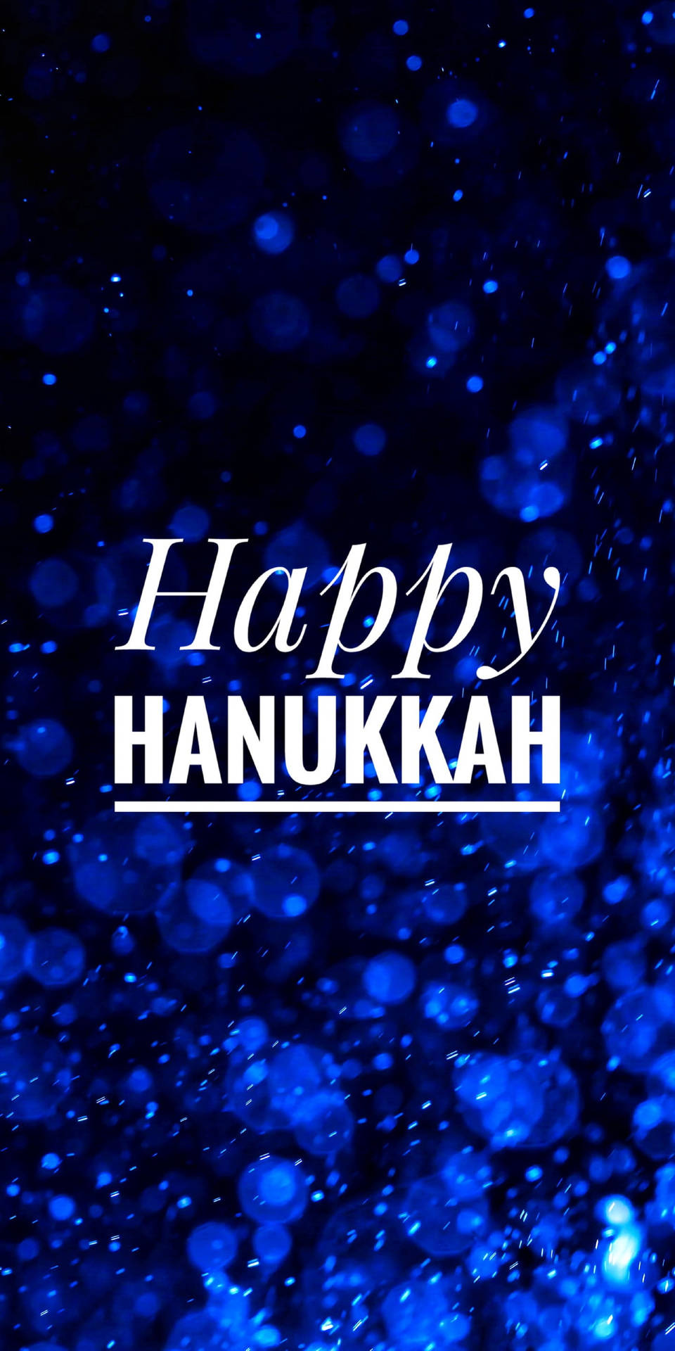 Happy Hanukkah 文字在藍色閃亮背景上 — 光明節 GIF 壁紙