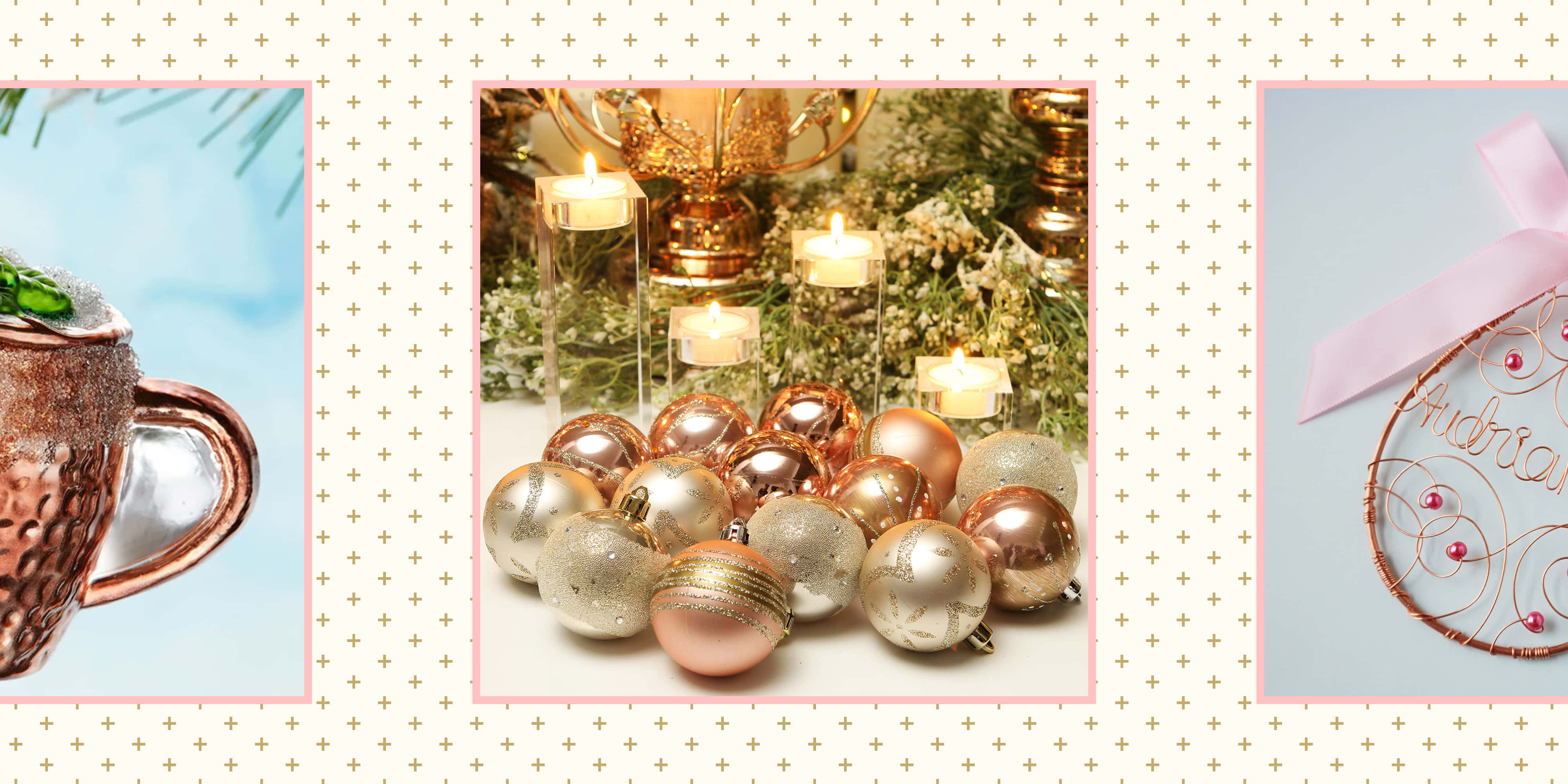 Rose Gold Christmas 桌布 壁紙 — 一個節日裝飾拼貼， featuring 銅杯配薄荷、玫瑰金飾品、點燃的蠟燭和帶粉色蝴蝶結的鐵絲飾品。