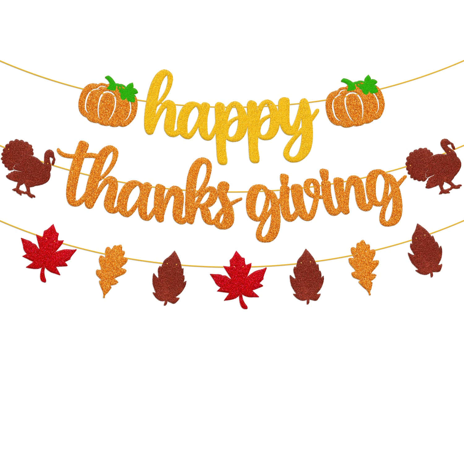 Fall Thanksgiving 桌布 壁紙 — 一個節日閃亮的感恩節橫幅，上面有南瓜、火雞和秋葉串在金線上。