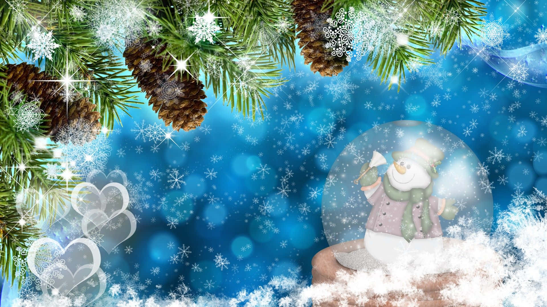 雪 桌布 壁紙 — 一個節日雪球，內有快樂雪人，放在發光的松樹枝和飄落的雪花下，背景是閃爍的藍色。
