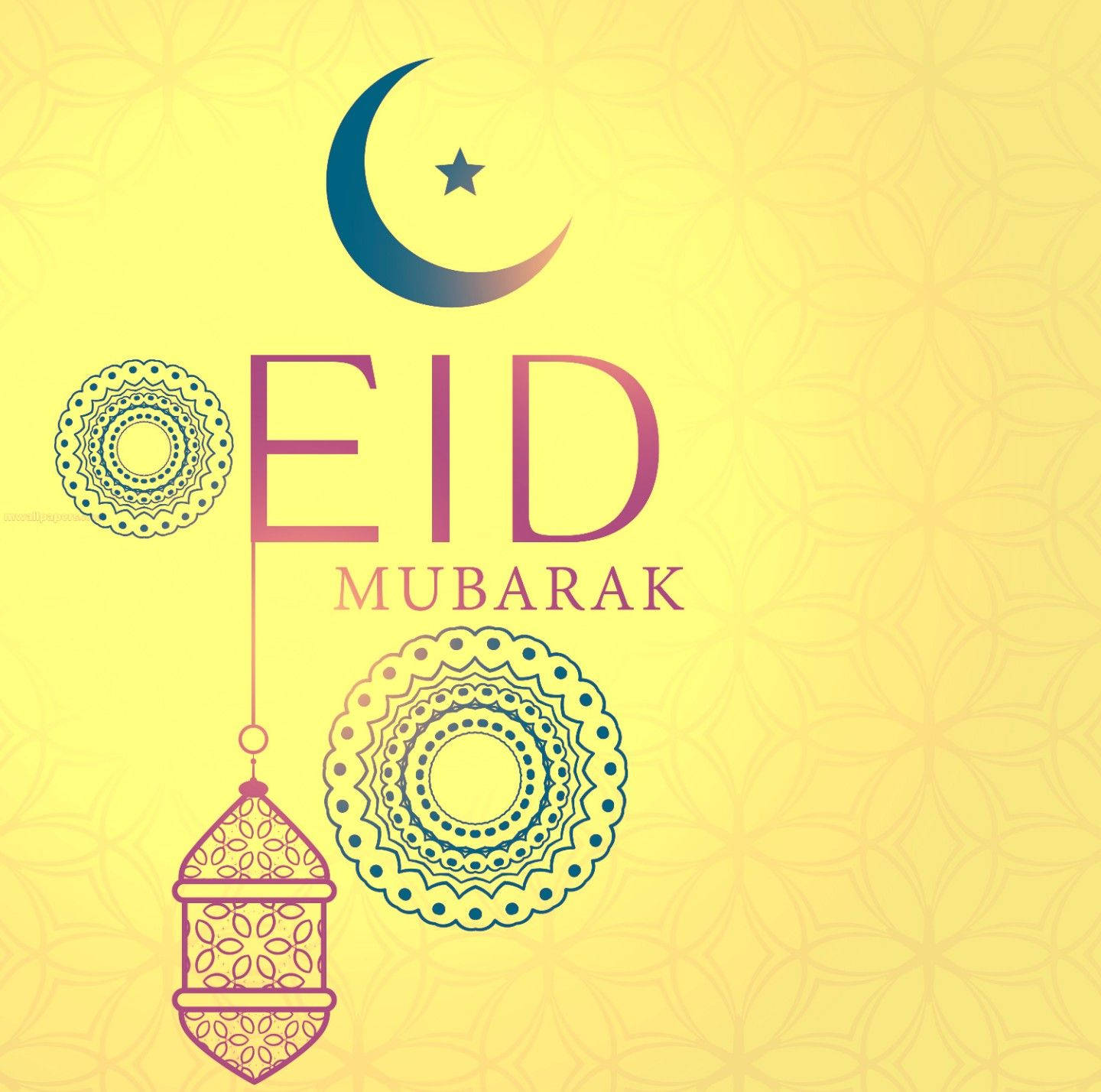 Eid Mubarak問候，帶有新月、星星、燈籠和曼陀羅圖案，黃色背景 — 曼陀羅 GIF 壁紙