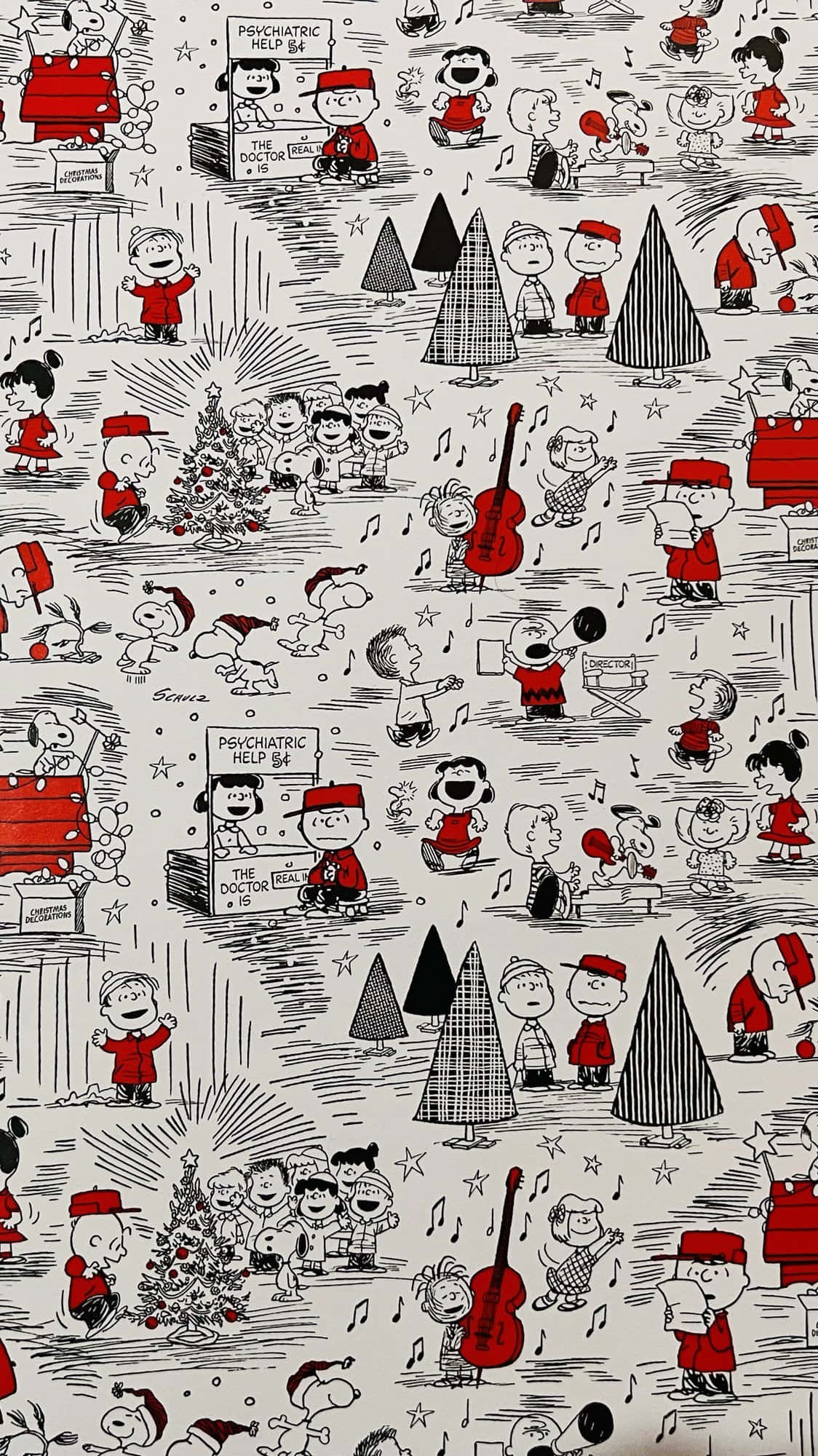 Peanuts 桌布 壁紙 — 一個節日黑白壁紙圖案， featuring Peanuts 角色在假日場景中，帶有紅色點綴和音符。