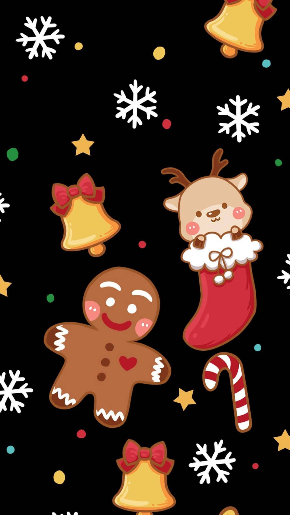 節日卡通人物在黑色背景上，帶有雪花和星星。 — 雪花 GIF 壁紙