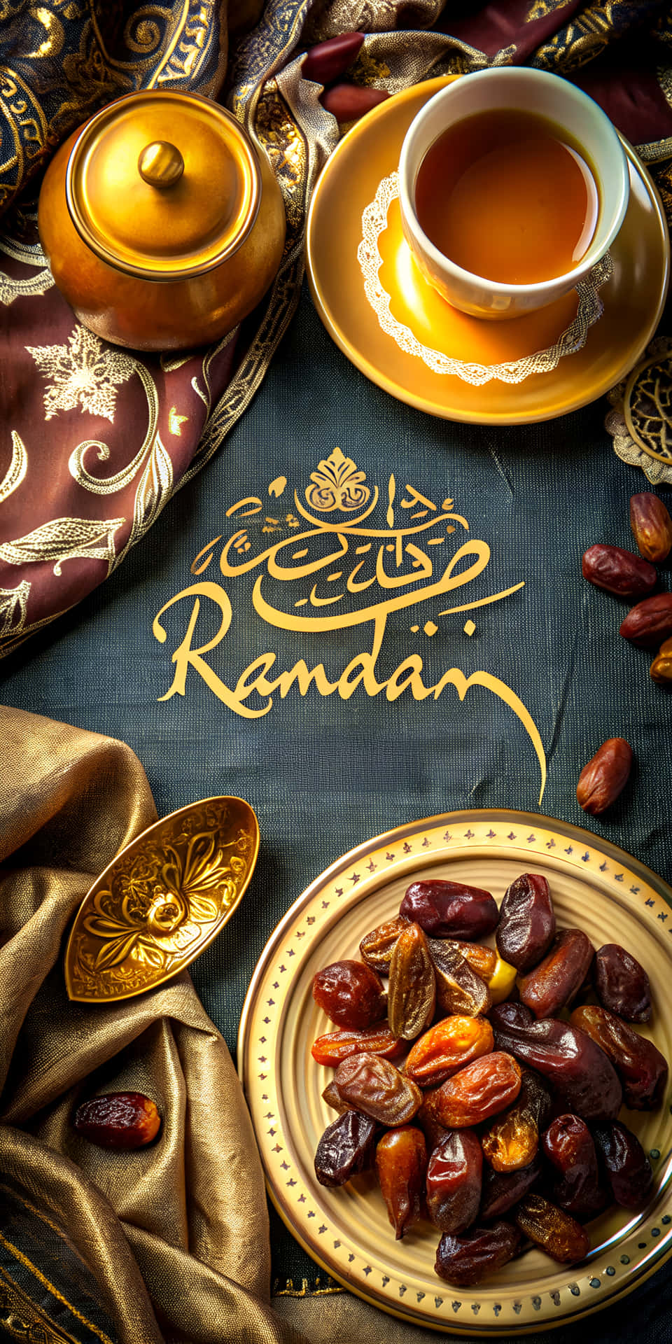 Traditional Sufrah Ramadan Meal Spread with Creative Ramadan Text 壁紙 — 一個節日齋月佈置，以金色茶壺杯和椰棗盤子放在華麗圖案布料上，配以優雅書法。