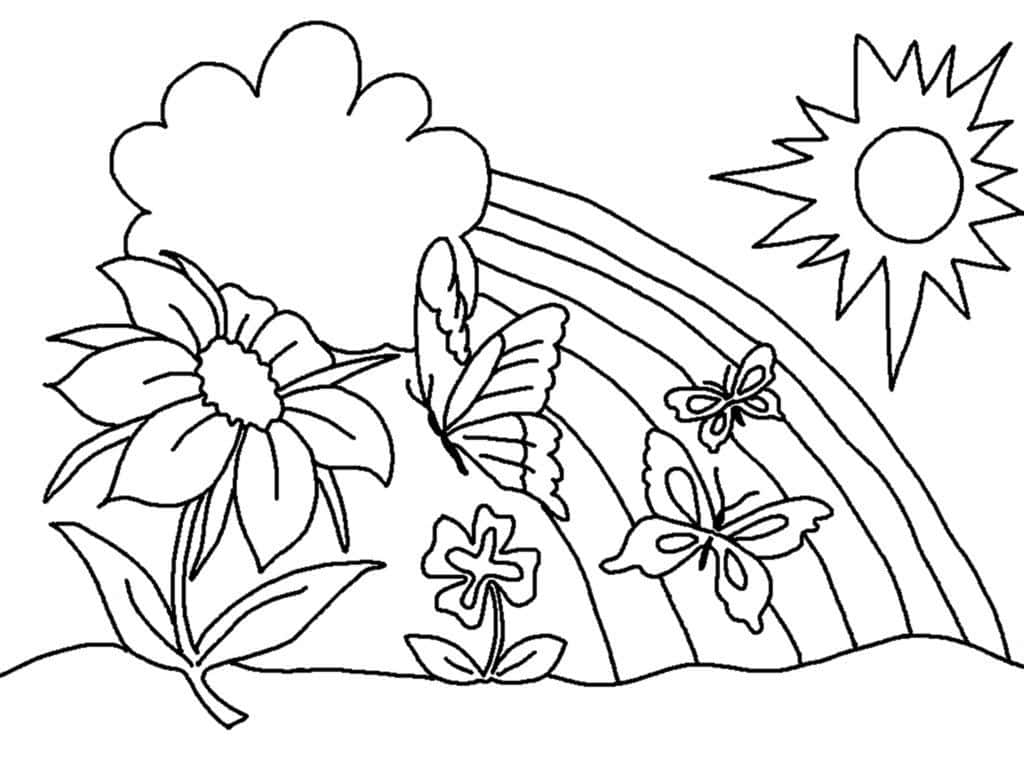 Spring Coloring 桌布 壁紙 — 一個簡單地面上的太陽、彩虹、蝴蝶和花朵黑白線條畫。