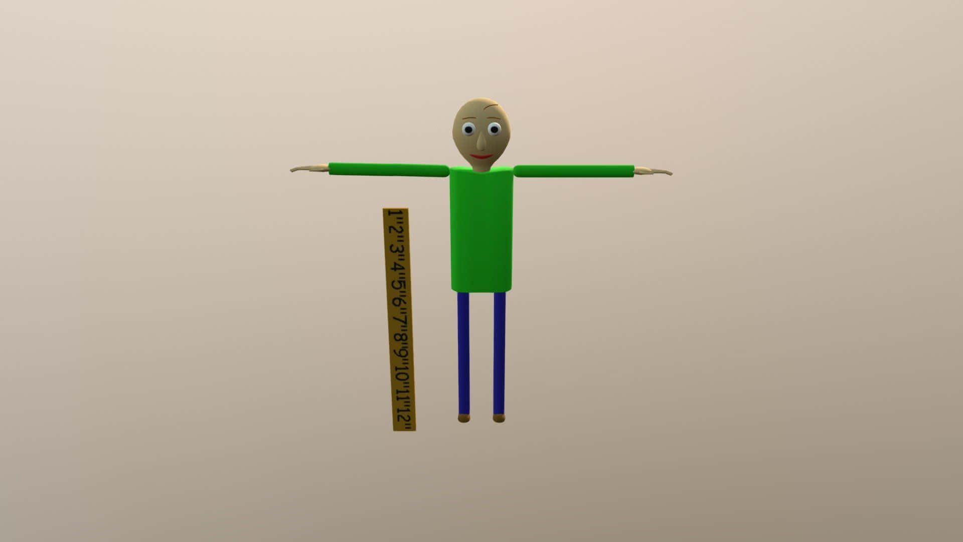 恐怖 桌布 壁紙 — 一個簡單的3D渲染火柴人，綠色軀幹和藍色雙腿，雙臂伸展，垂直握著一把尺子，背景是純米色。