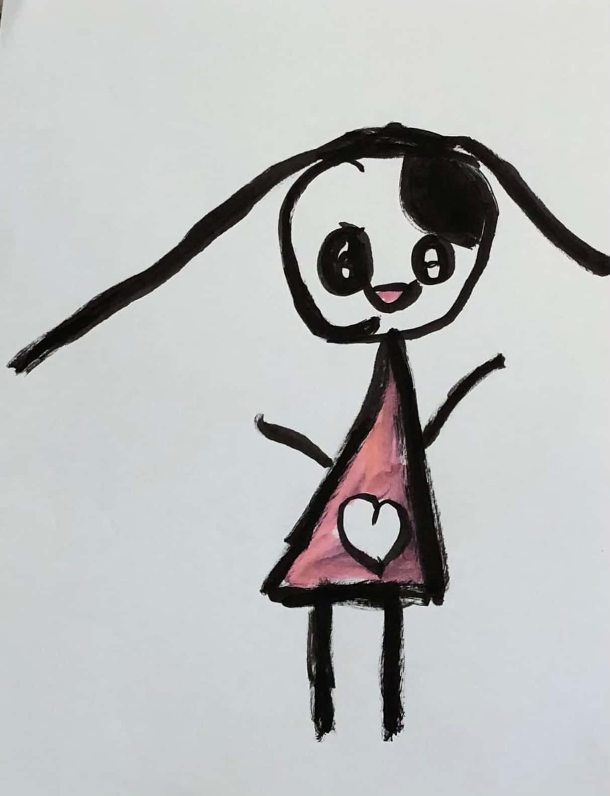 stick figure 桌布 壁紙 — 一個簡單的兒童畫，畫中一個長髮微笑的女孩穿著帶有白色心形的粉紅色連衣裙。