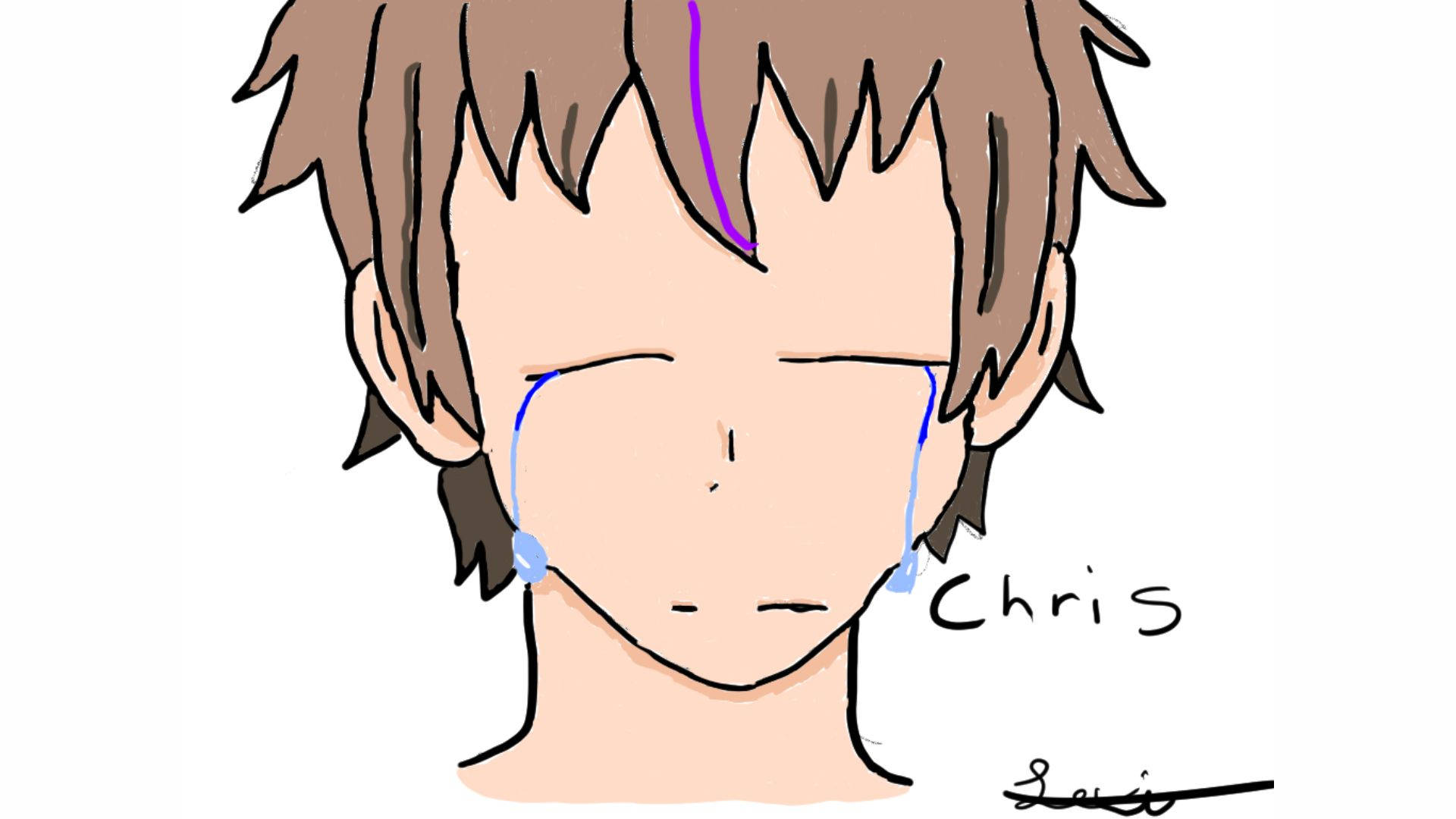Chris Afton 桌布 壁紙 — 一個簡單的動漫風格繪畫，描繪一個名叫Chris的棕色頭髮角色在純白色背景前流著藍色眼淚哭泣。