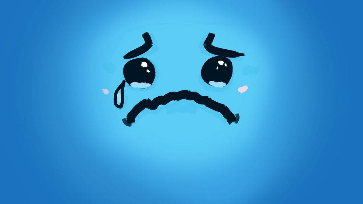 Cute Sad 桌布 壁紙 — 一個簡單的卡通臉，有淚眼和皺眉的嘴巴，背景是漸變藍色。