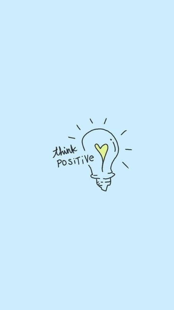 Motivation 桌布 壁紙 — 一個簡單的手繪燈泡，裡面有一個黃色愛心，並寫著「think POSITIVE」，在柔和的藍色背景上散發歡樂。