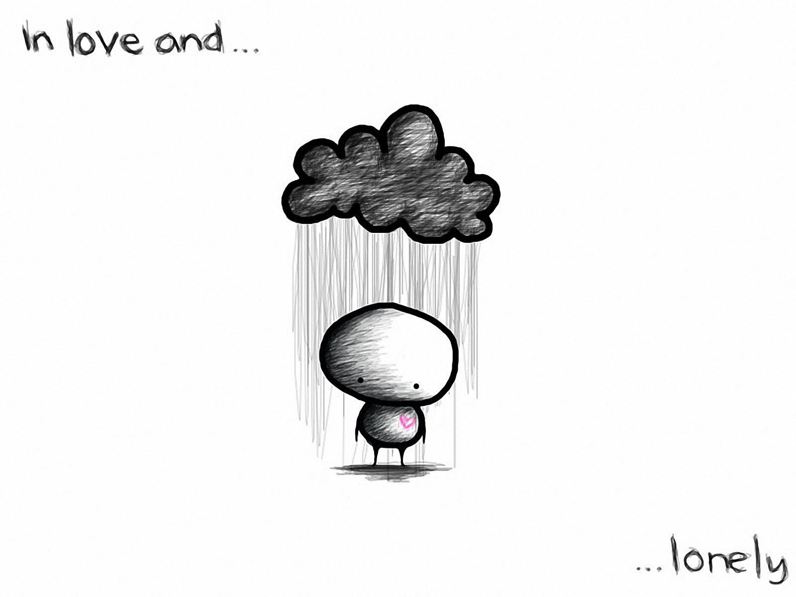 Feels 桌布 壁紙 — 一個簡單的插圖人物，帶著粉紅色的心，站在烏雲下，雨正落在他們身上。