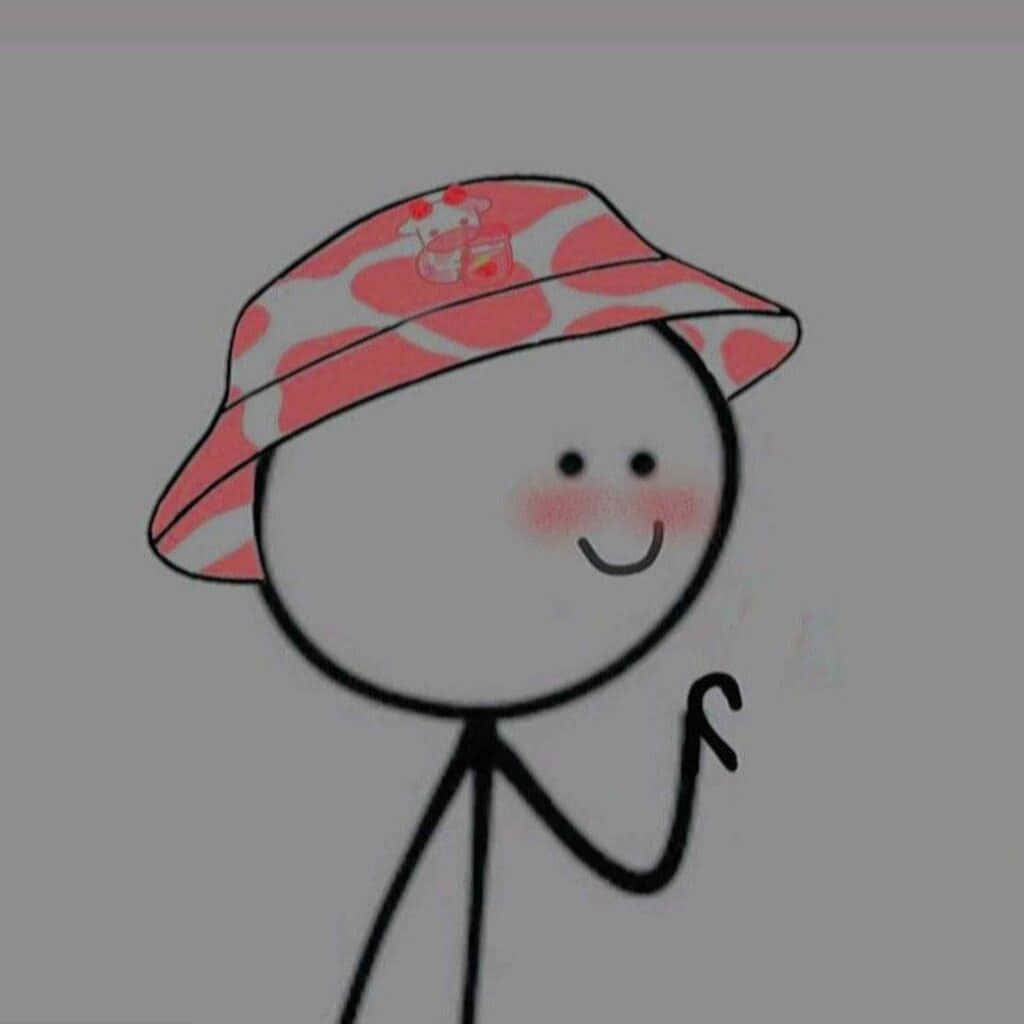 TikTok 動圖 桌布 壁紙 — 一個簡單的火柴人，面帶微笑，臉頰紅潤，戴著粉白相間圖案的漁夫帽。