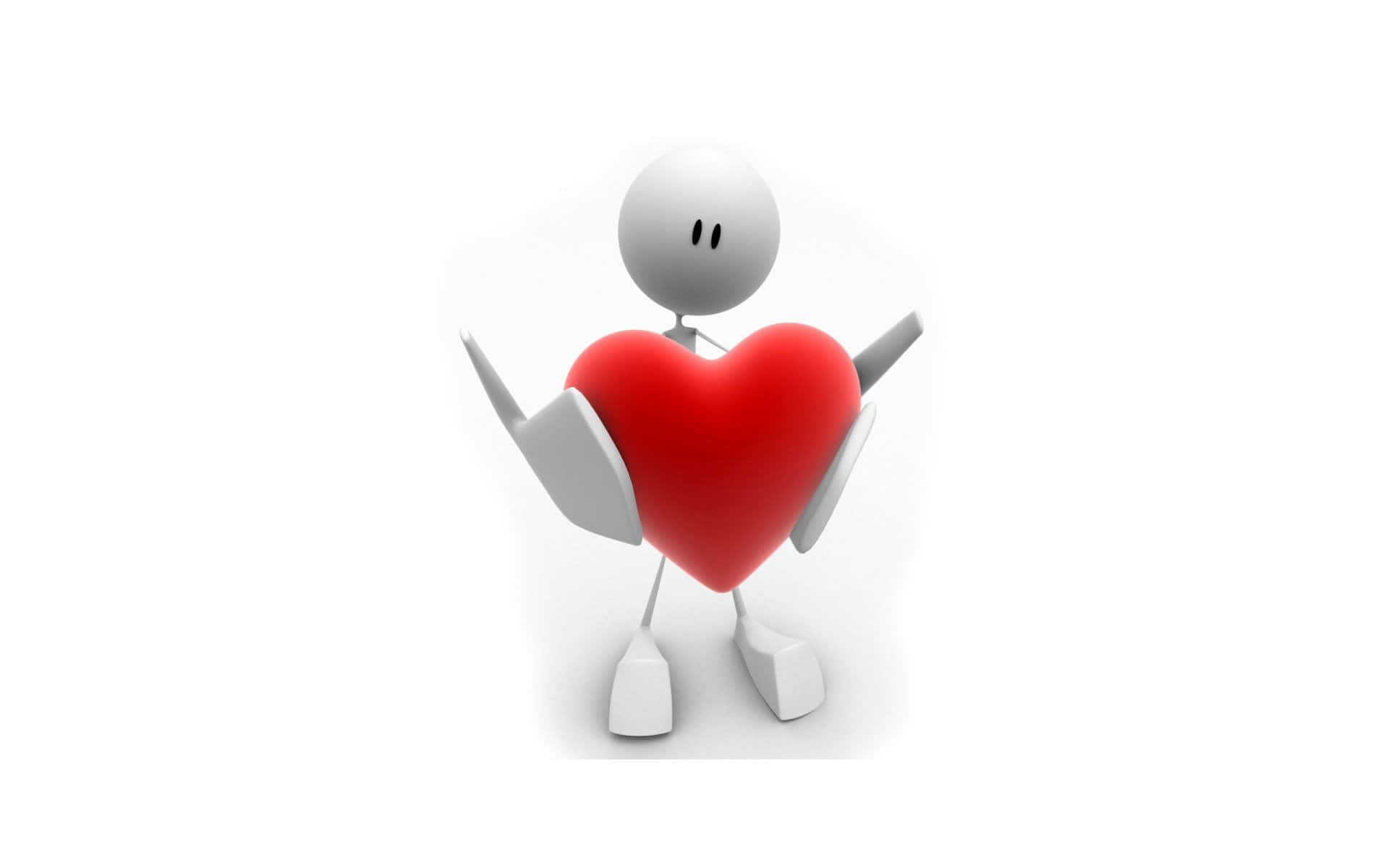 Love Heart 桌布 壁紙 — 一個簡單的白色3D火柴人輕輕抱著一個鮮紅色的心，背景是潔淨的白色。