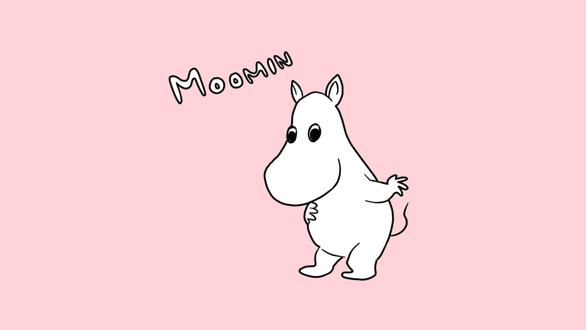 Moomin Desktop 桌布 壁紙 — 一個簡單的白色卡通姆明角色站在柔和的粉紅色背景上，上方寫有「Moomin」這個名字。