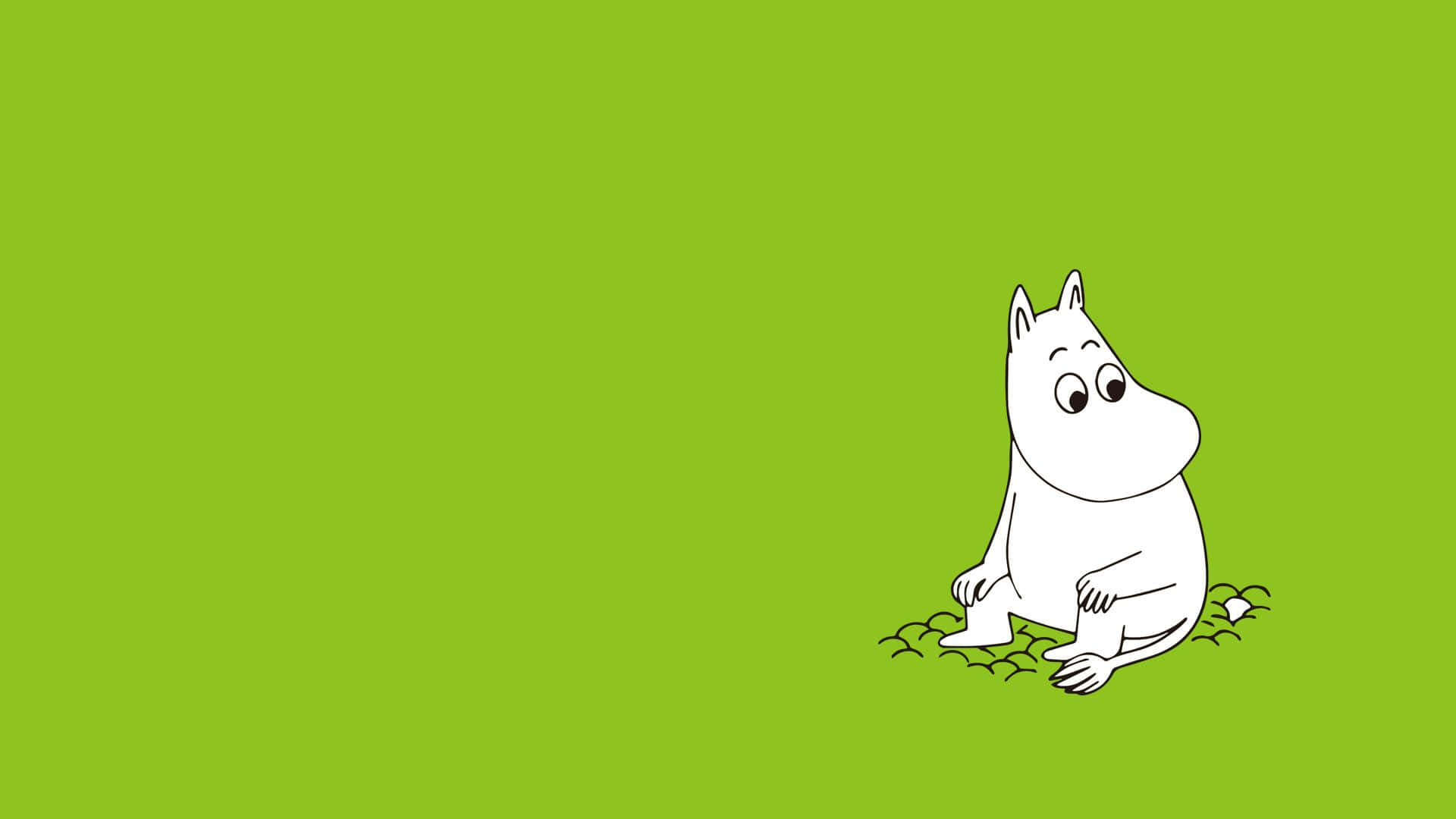 Cartoon Animal 桌布 壁紙 — 一個簡單的白色姆明角色獨自坐在一片草地上，背景是純青檸綠色。
