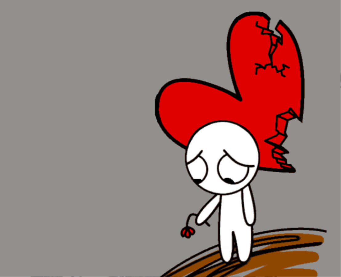 Broken Heart Sad 桌布 壁紙 — 一個簡單的白色火柴人，眼睛下垂，在灰色背景上，一個大的破裂紅心下方拿著一朵小紅花。