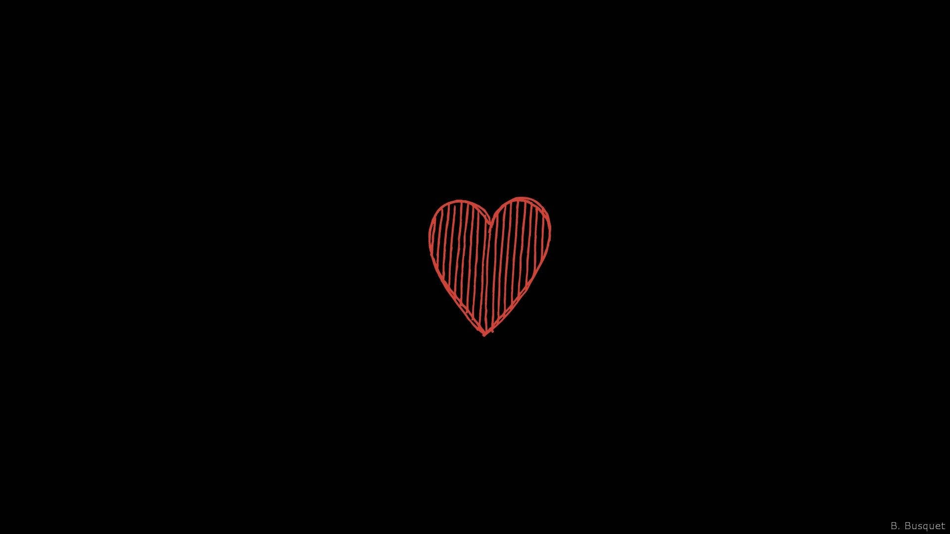 Black Love 桌布 壁紙 — 一個簡單的紅色心形，用垂直線條繪製，在純黑色背景上柔和地發光。
