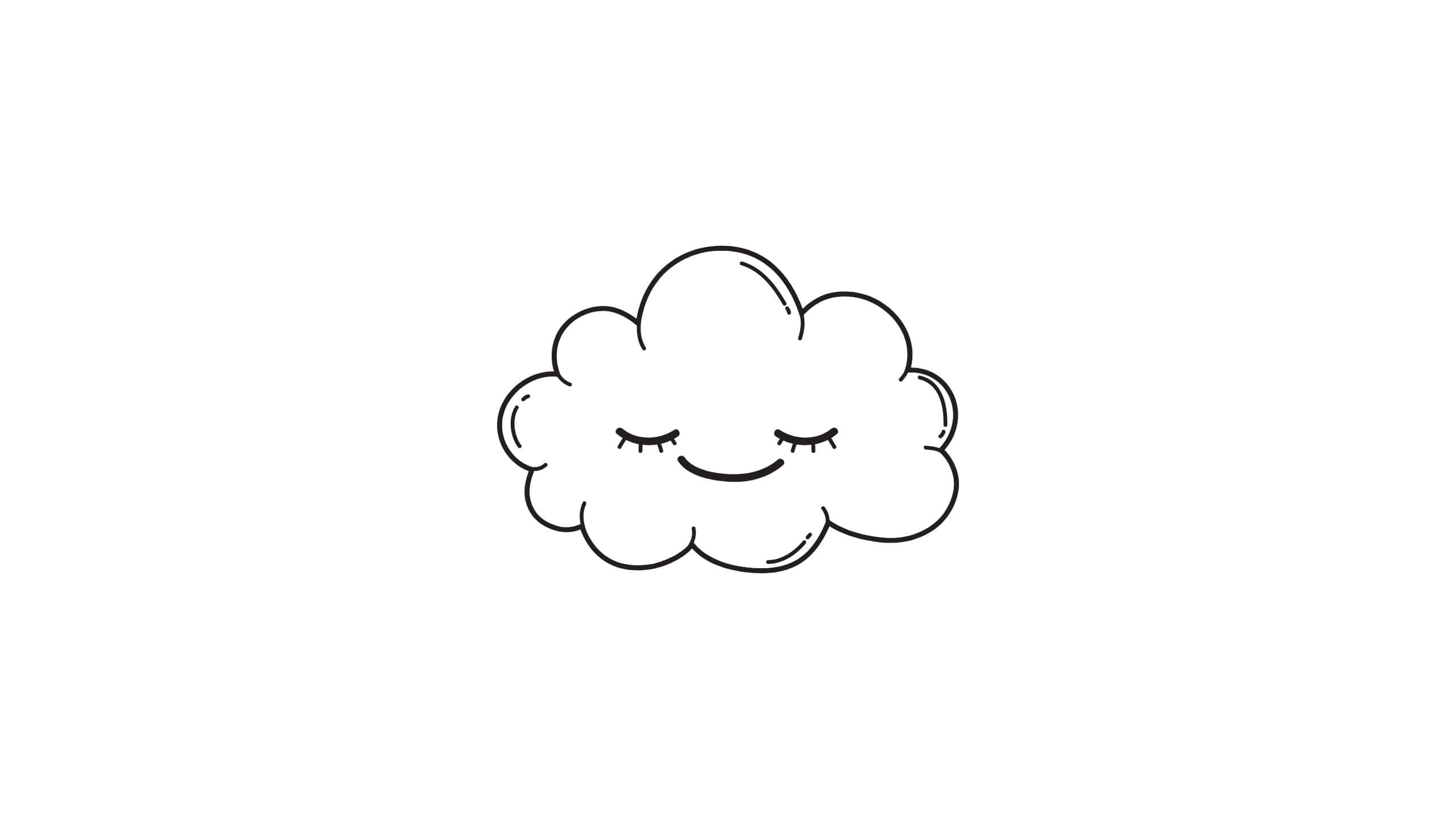 雲朵 桌布 壁紙 — 一個簡單的線條畫，描繪一朵微笑的雲，閉著眼睛，在純白背景上平靜地休息。