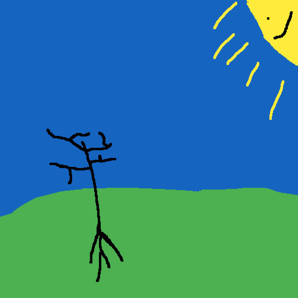 Pfp 桌布 壁紙 — 一個簡單的線條畫，描繪一棵光禿禿的樹立在綠色草地上，上方是明亮的藍天和微笑的黃色太陽。