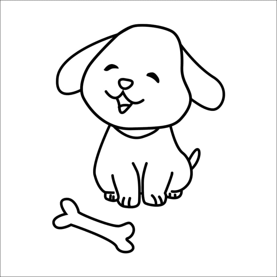 Easy Dog 桌布 壁紙 — 一個簡單的線條畫，描繪一隻微笑的卡通小狗坐在骨頭旁邊，背景為純白色。
