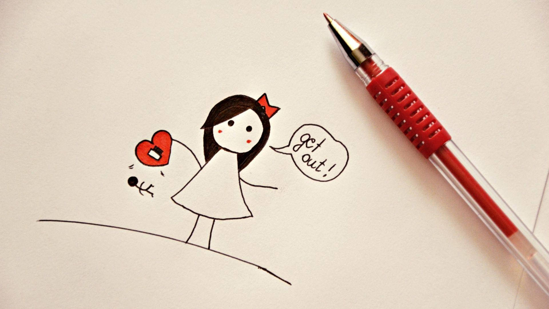 boyfriend 桌布 壁紙 — 一個簡單的線條畫，畫中一個女孩拿著一個心形，旁邊有一個對話框寫著「get out!」，旁邊有一支紅色筆在白色紙上。