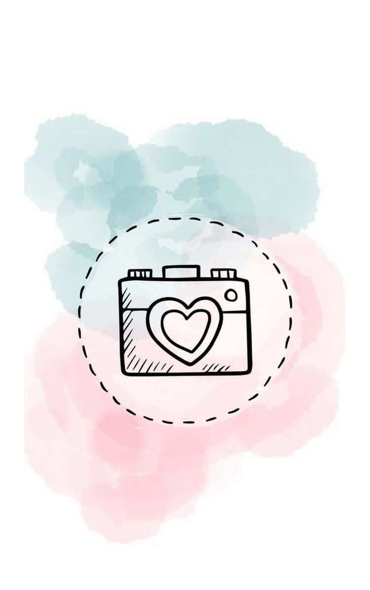 Camera Logo 桌布 壁紙 — 一個簡單的線條畫，畫中相機鏡頭內有一顆心，背景是柔和的粉紅色和藍綠色水彩潑濺。
