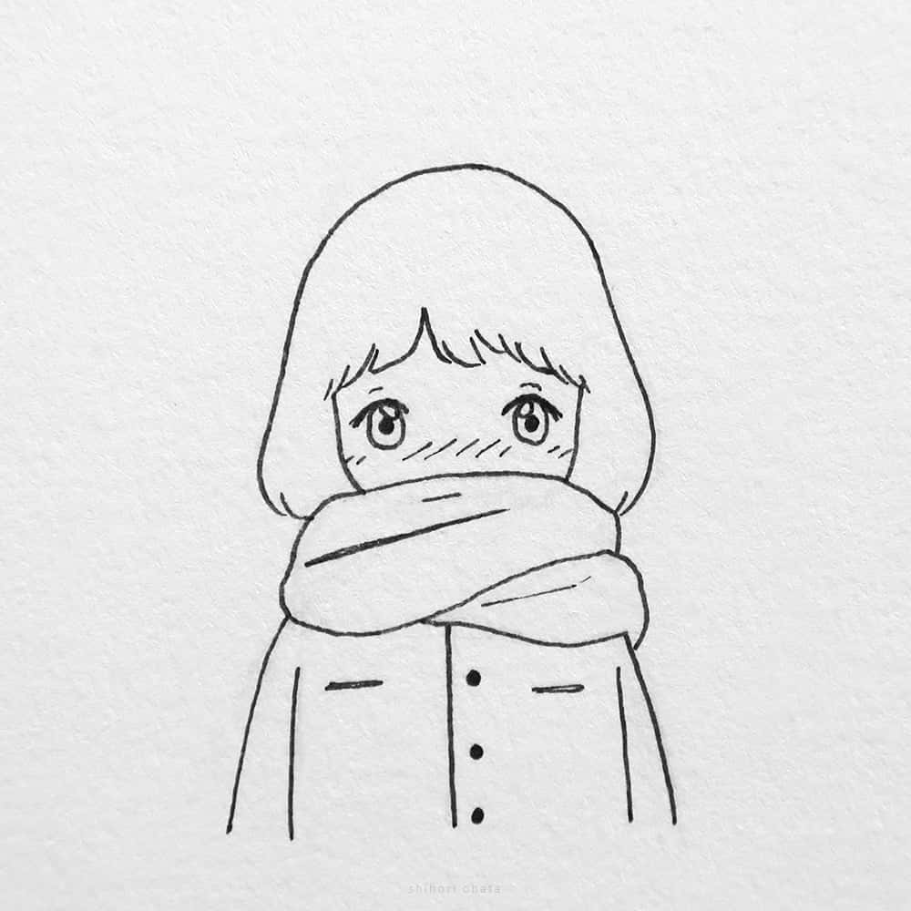 Cute Girl 桌布 壁紙 — 一個簡單的線條畫，畫中短髮女孩用圍巾擁抱臉龐，眼睛又大又富有表情，畫在紋理紙上。