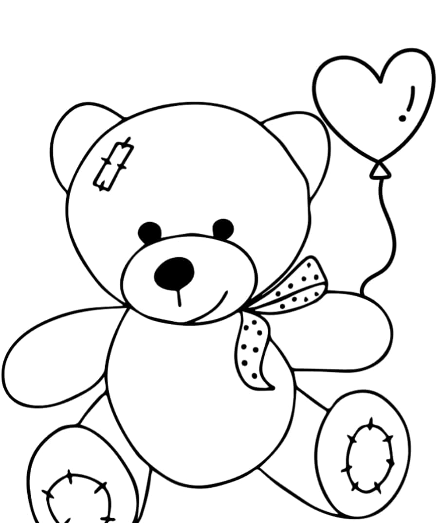 coloring 桌布 壁紙 — 一個簡單的線條畫，畫有一隻泰迪熊拿著心形氣球，並帶有縫線細節。