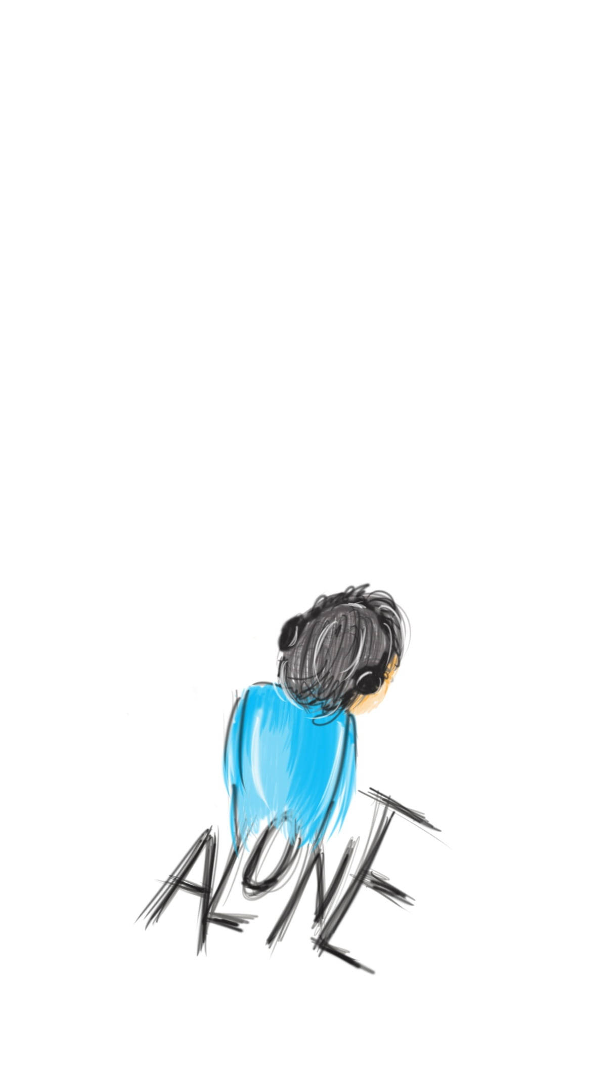 Alone 桌布 壁紙 — 一個簡單的草圖，從背後看到一個穿著藍色襯衫的人，下面寫著「ALONE」這個詞。