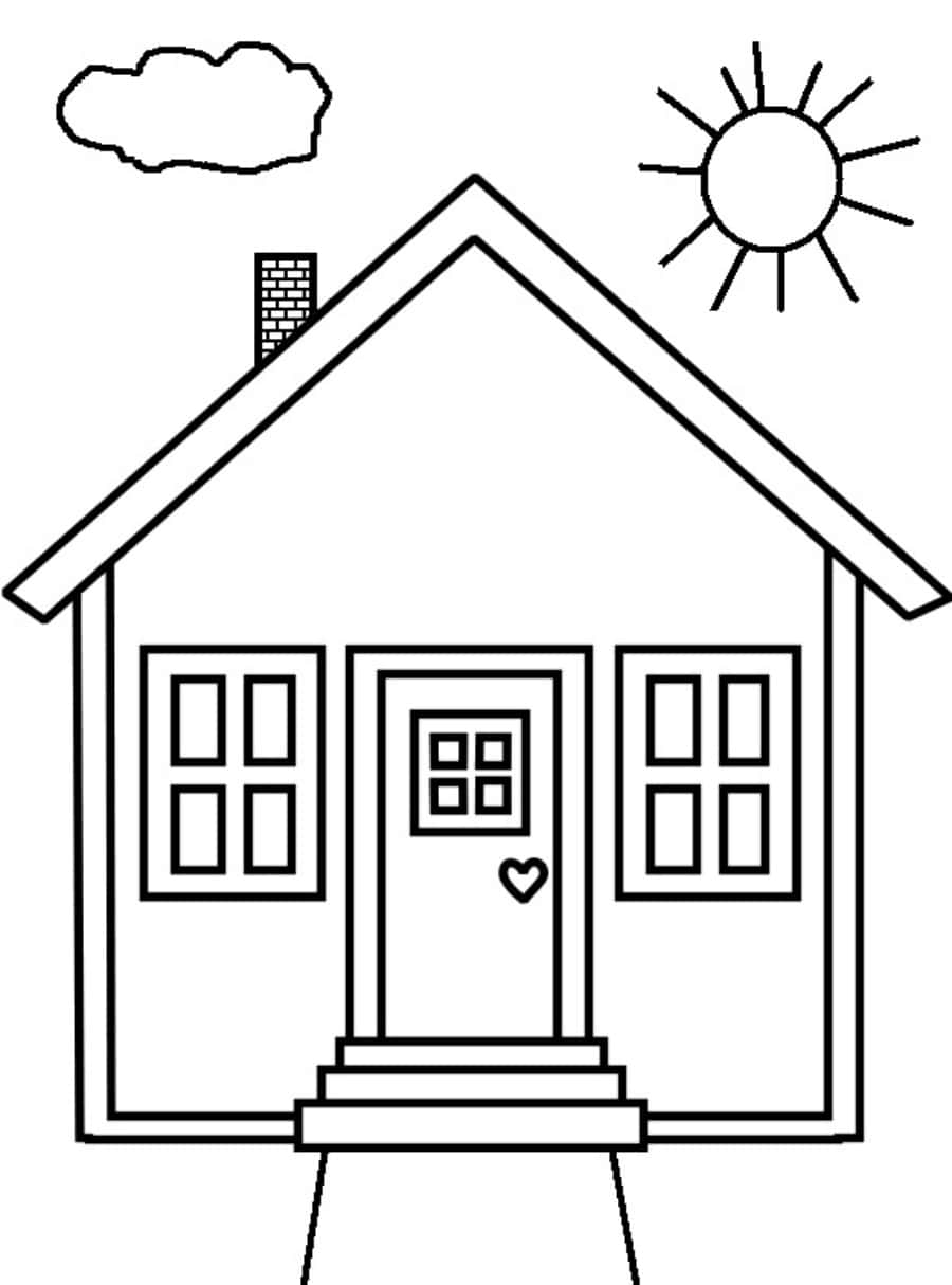 House Colouring 桌布 壁紙 — 一個簡單的黑白線條畫，描繪一間舒適的房子，門上有一顆心，在陽光明媚的天空下有一朵雲。