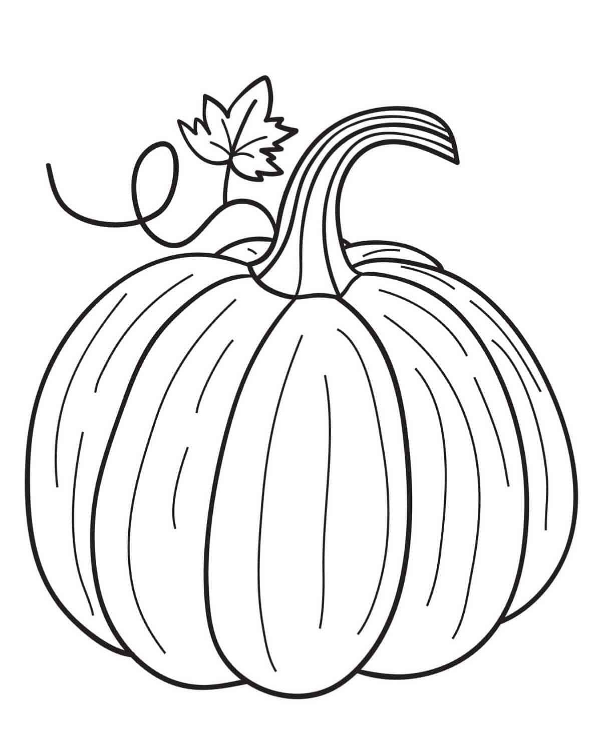 Fall Coloring 桌布 壁紙 — 一個簡單的黑白線條畫，畫有一個帶莖和葉子的南瓜。