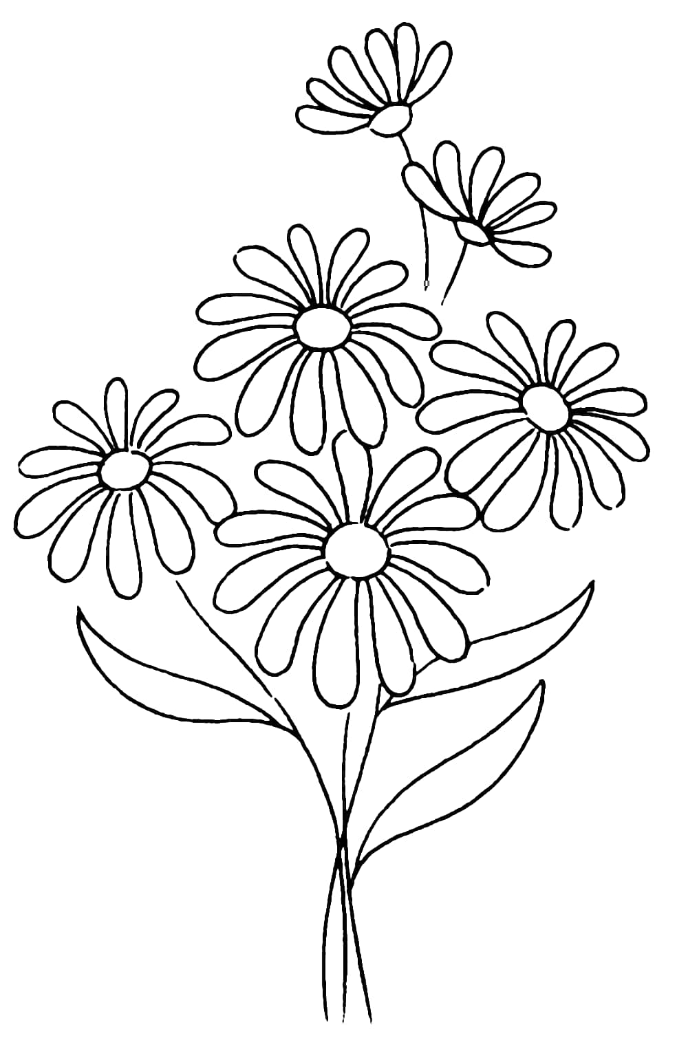 Flower Coloring 桌布 壁紙 — 一個簡單的黑白線條畫，畫有一束雛菊，帶有莖和葉子。