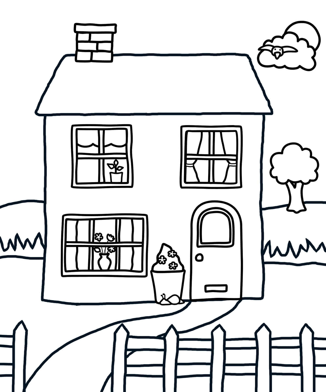 House Colouring 桌布 壁紙 — 一個簡單的黑白線條畫，畫著一間舒適的兩層房屋，帶有圍欄、花園和微笑的雲。
